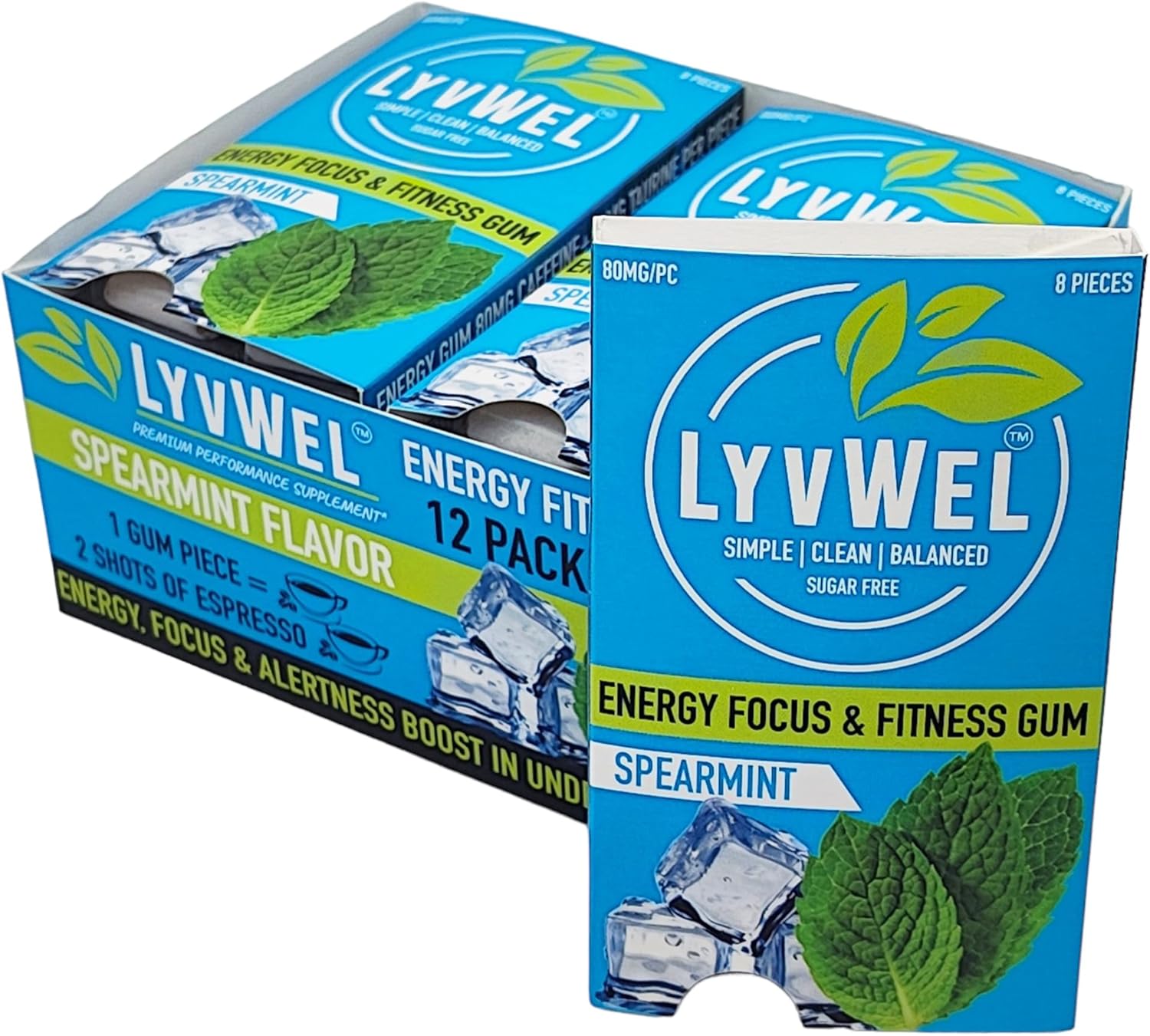 Spearmint Lyvwel Energy Gum: Sugar-Free Pre-Workout Boost with 80mg Caffeine and 50mg Taurine - All Natural Energy Supplement for Staying Awake (12 Pack)