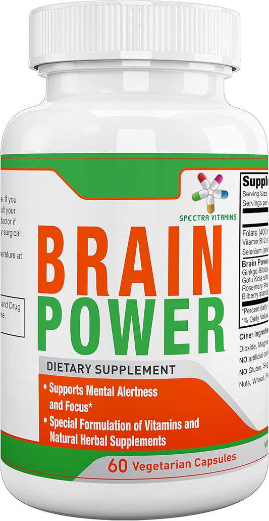 Spectra Vitamins Brain Power Capsules with Ginkgo Biloba & Gotu Kola for Memory & Focus - 60 Count