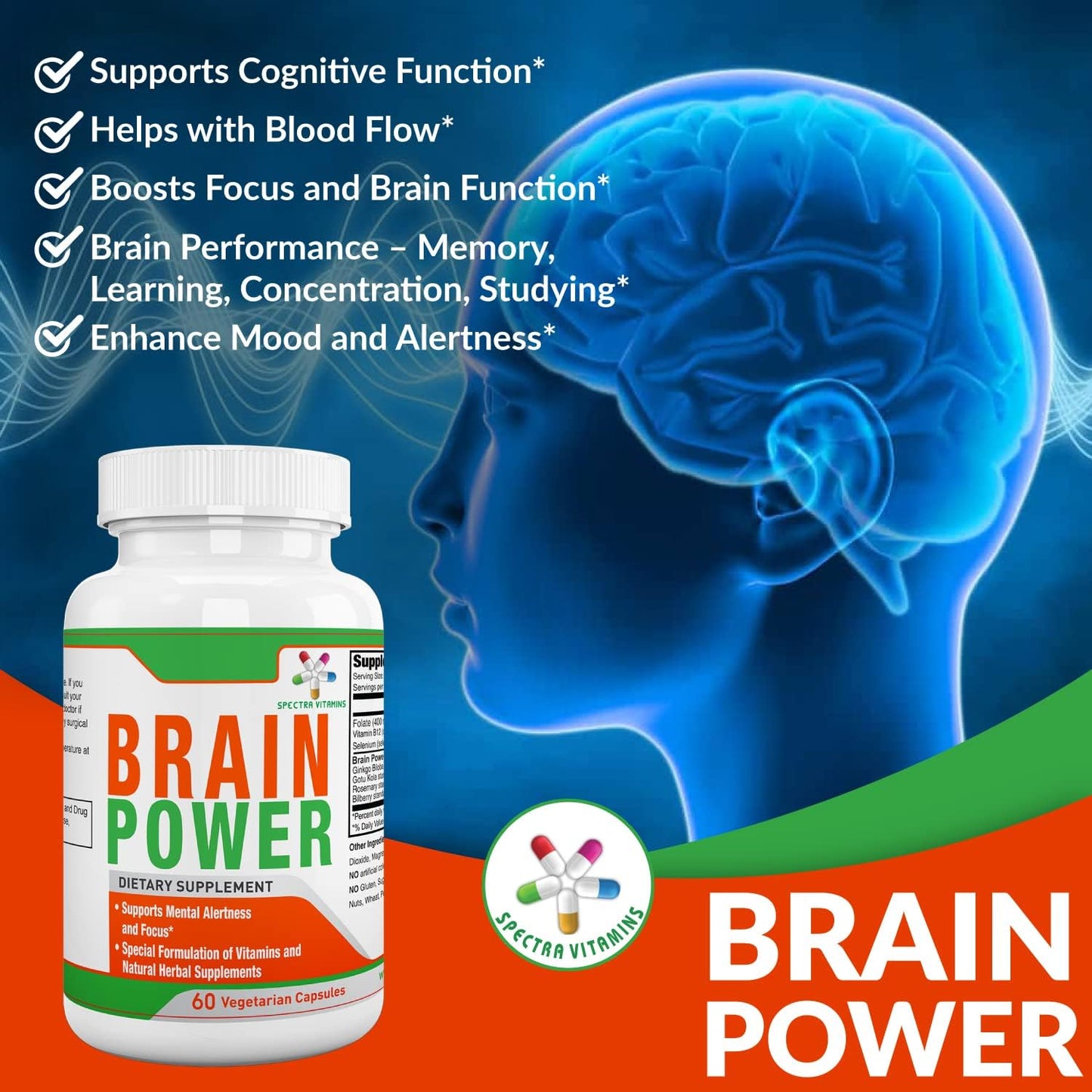 Spectra Vitamins Brain Power Capsules with Ginkgo Biloba & Gotu Kola for Memory & Focus - 60 Count