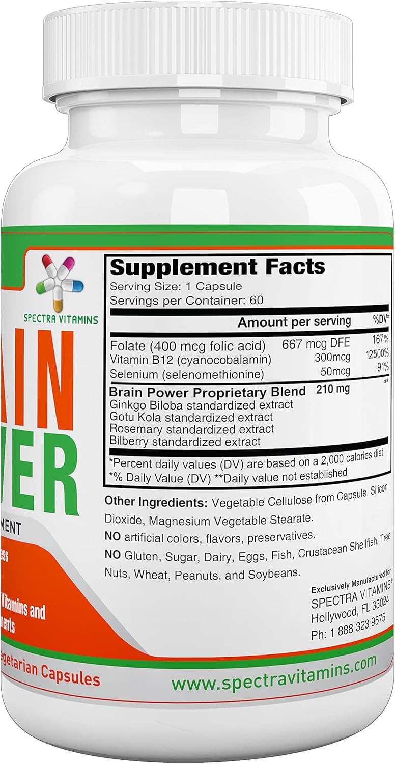 Spectra Vitamins Brain Power Capsules with Ginkgo Biloba & Gotu Kola for Memory & Focus - 60 Count