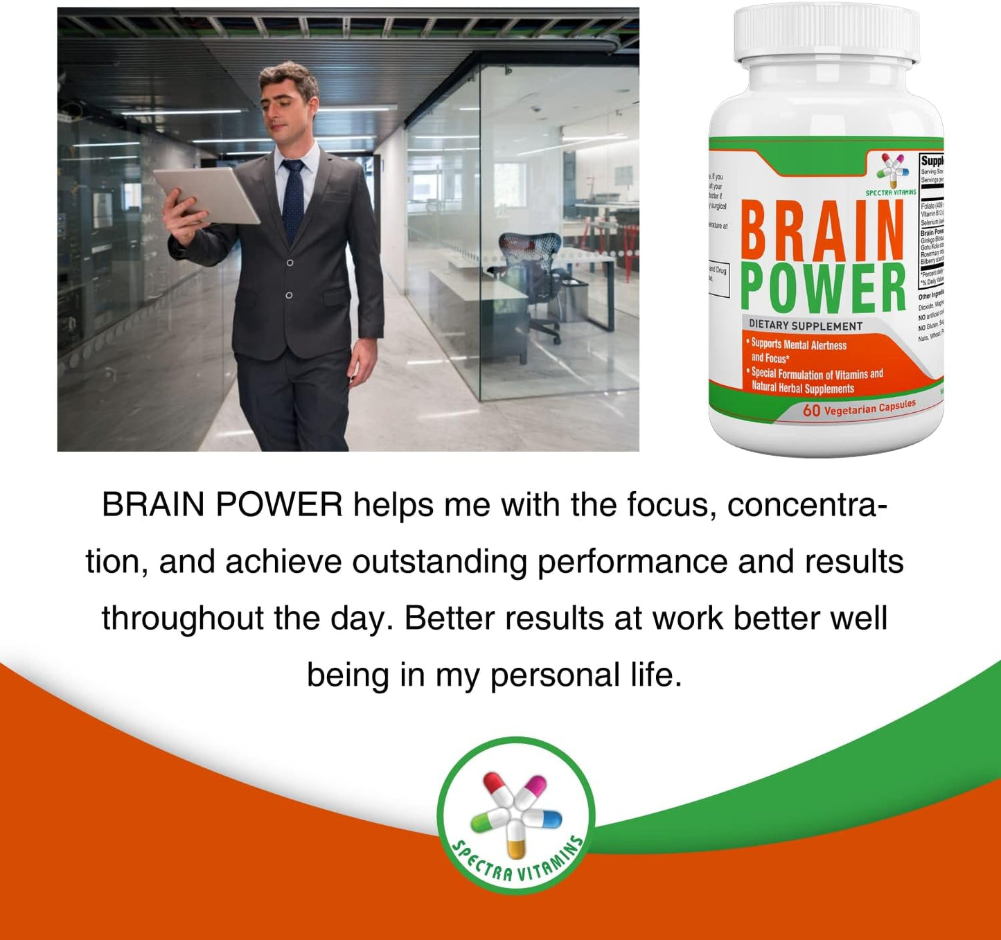 Spectra Vitamins Brain Power Capsules with Ginkgo Biloba & Gotu Kola for Memory & Focus - 60 Count