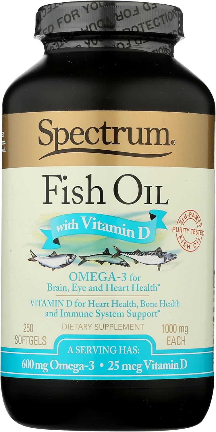 Spectrum Essentials Fish Oil Softgels with Vitamin D, 1000 mg, 250 Capsules