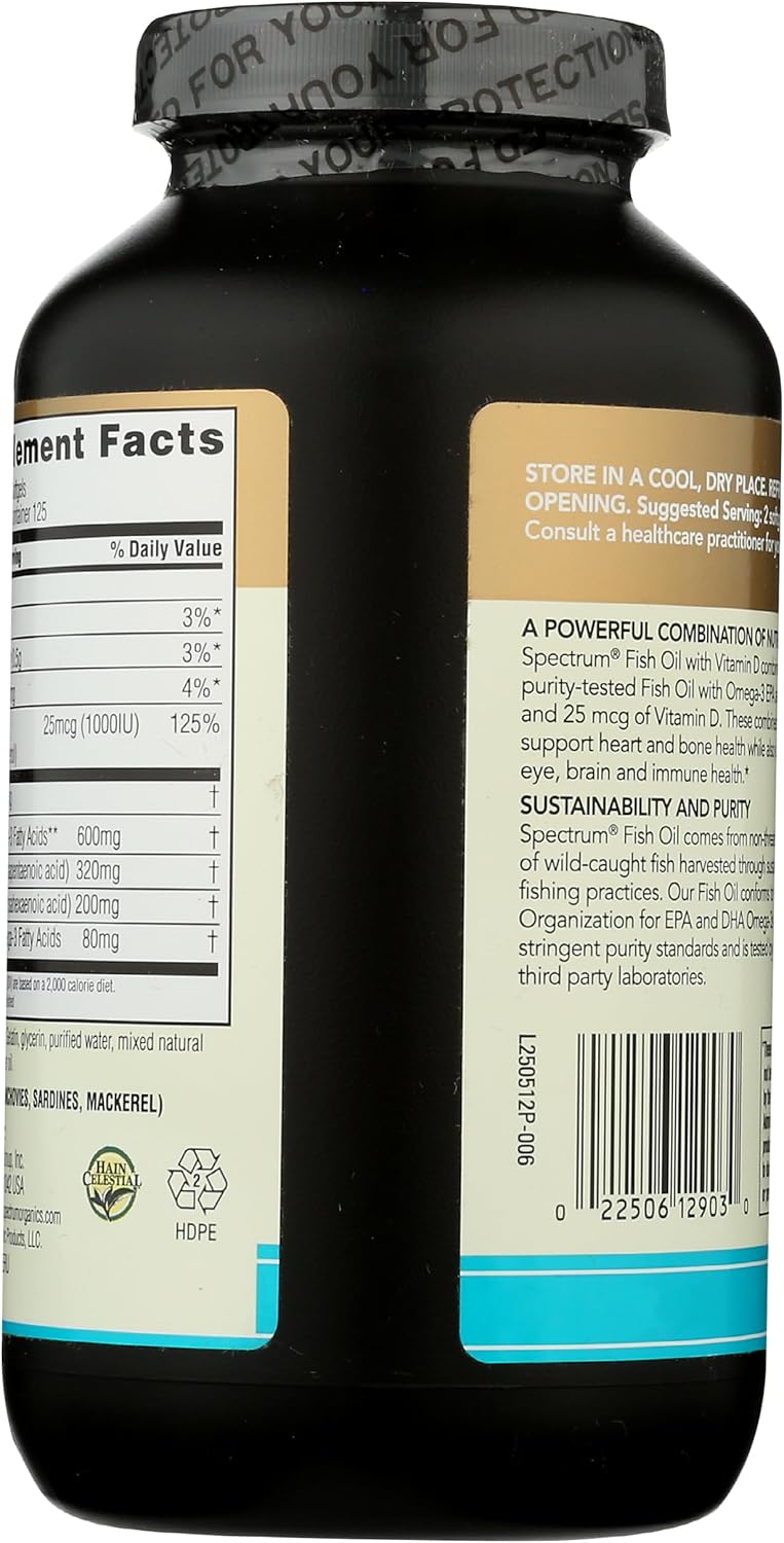 Spectrum Essentials Fish Oil Softgels with Vitamin D, 1000 mg, 250 Capsules