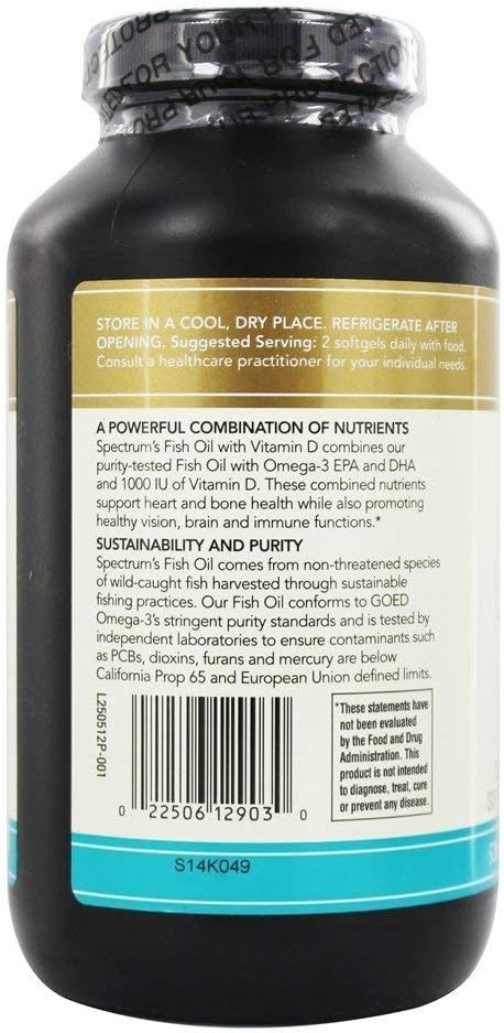 Spectrum Essentials Fish Oil Softgels with Vitamin D, 1000 mg, 250 Capsules