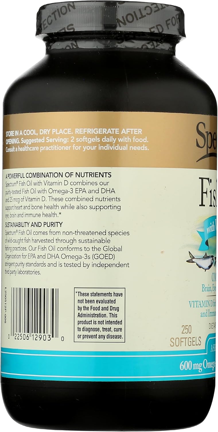 Spectrum Essentials Fish Oil Softgels with Vitamin D, 1000 mg, 250 Capsules