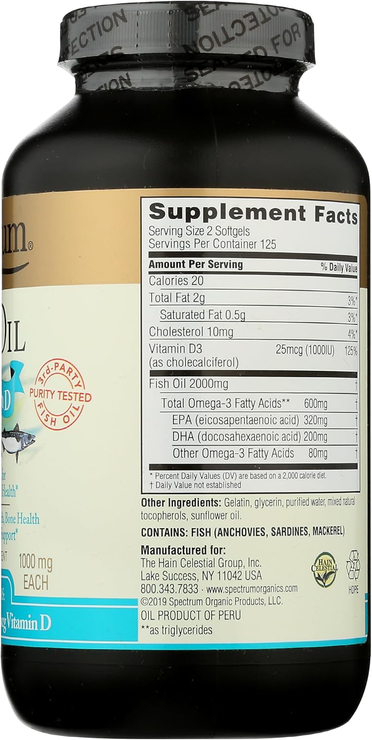 Spectrum Essentials Fish Oil Softgels with Vitamin D, 1000 mg, 250 Capsules