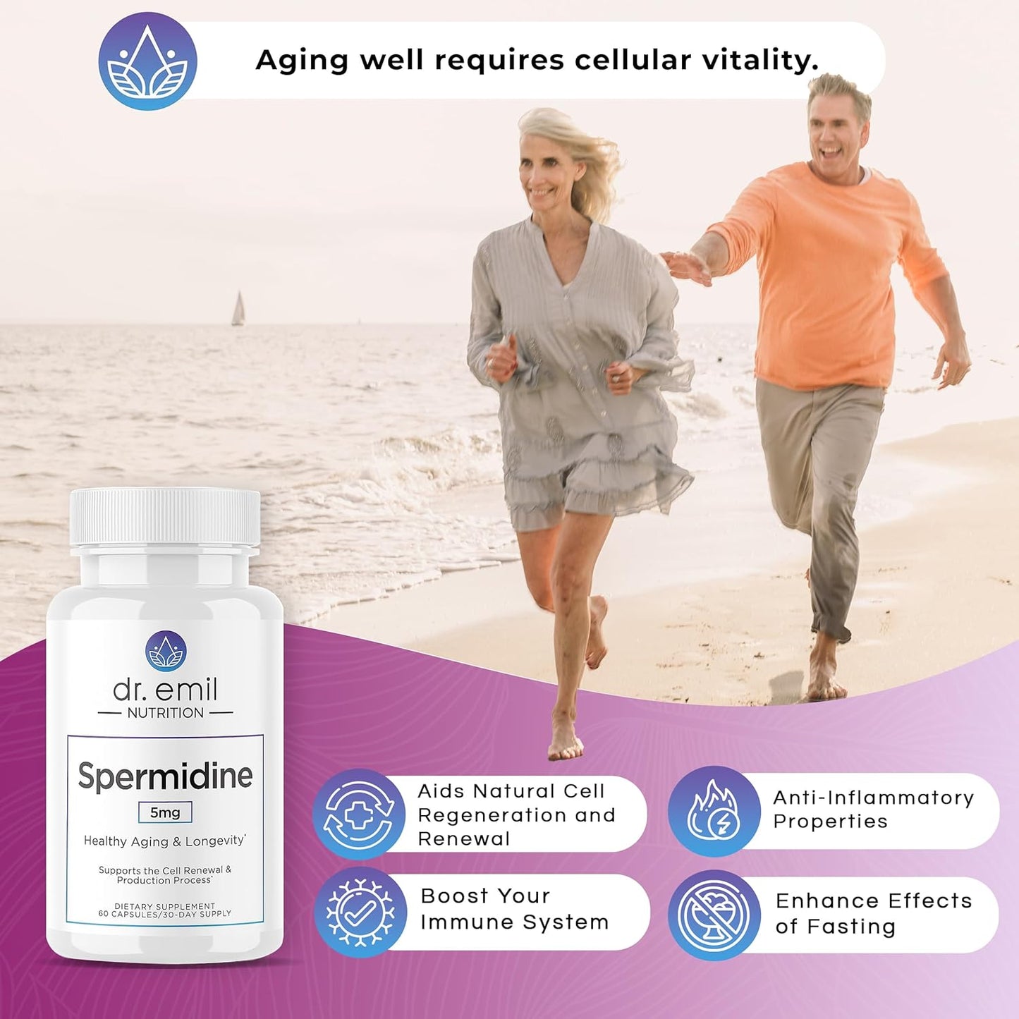 Spermidine 5mg Supplement with Thiamin for Anti-Aging - 60 Capsules for Men & Women - Pure Spermidine 3HCL Formula