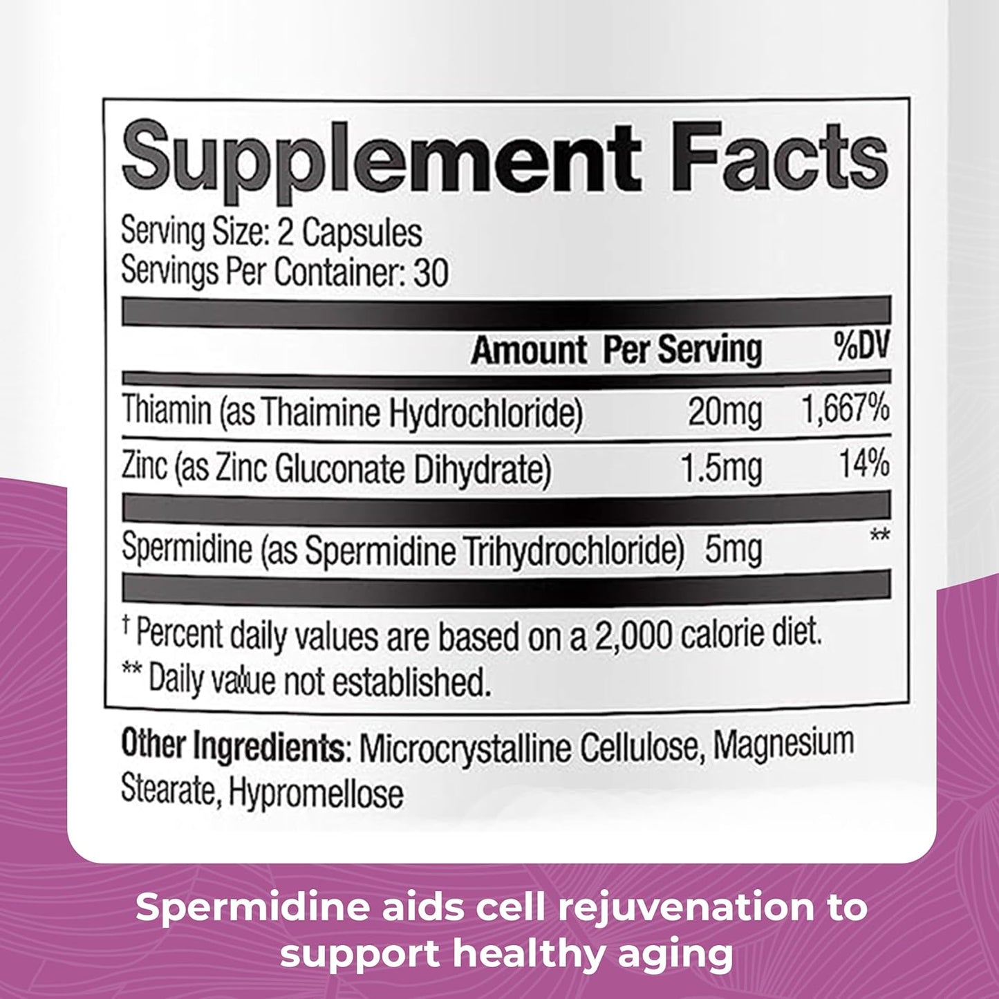 Spermidine 5mg Supplement with Thiamin for Anti-Aging - 60 Capsules for Men & Women - Pure Spermidine 3HCL Formula