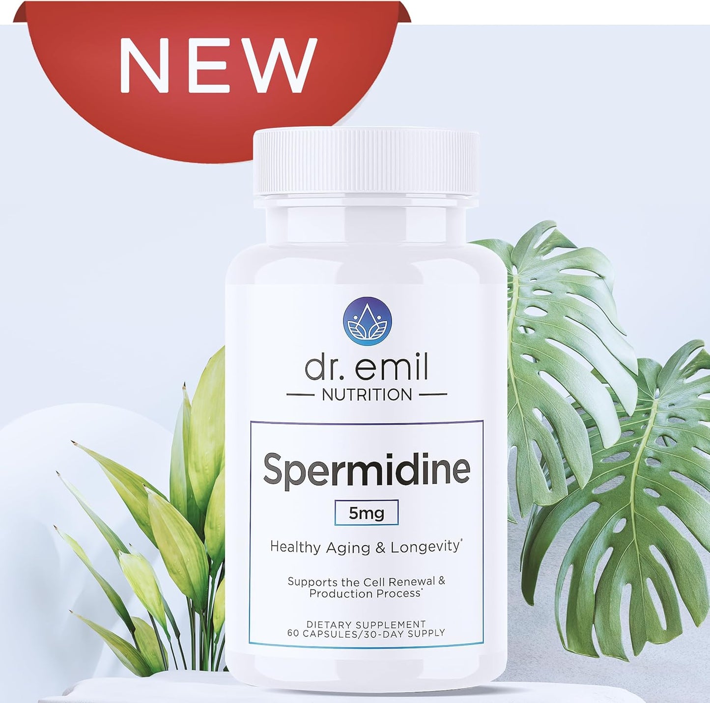 Spermidine 5mg Supplement with Thiamin for Anti-Aging - 60 Capsules for Men & Women - Pure Spermidine 3HCL Formula