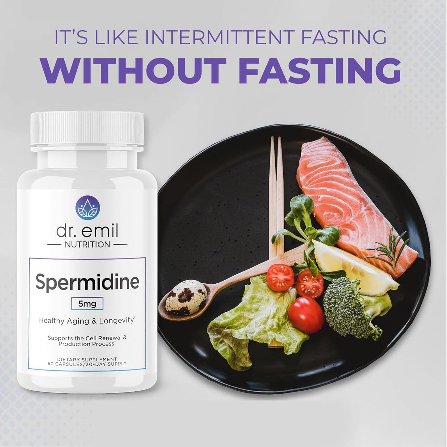 Spermidine 5mg Supplement with Thiamin for Anti-Aging - 60 Capsules for Men & Women - Pure Spermidine 3HCL Formula