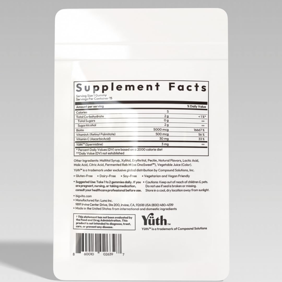 Spermidine-Infused BigVita Yuth Gummy+ for Skin, Hair, Nails | Collagen & Cellular Renewal Support with Biotin, Vitamin C & A | Anti-Aging Wellness Gummies