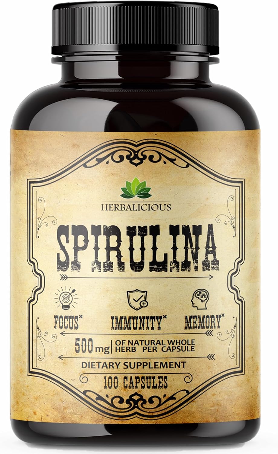 Spirulina Capsules: Natural Superfood Supplement with B Vitamins, Iron, and Antioxidants for Immune System Support and Body Cleanse - 100 pcs