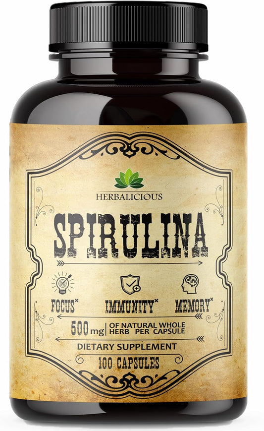 Spirulina Capsules: Natural Superfood Supplement with B Vitamins, Iron, and Antioxidants for Immune System Support and Body Cleanse - 100 pcs