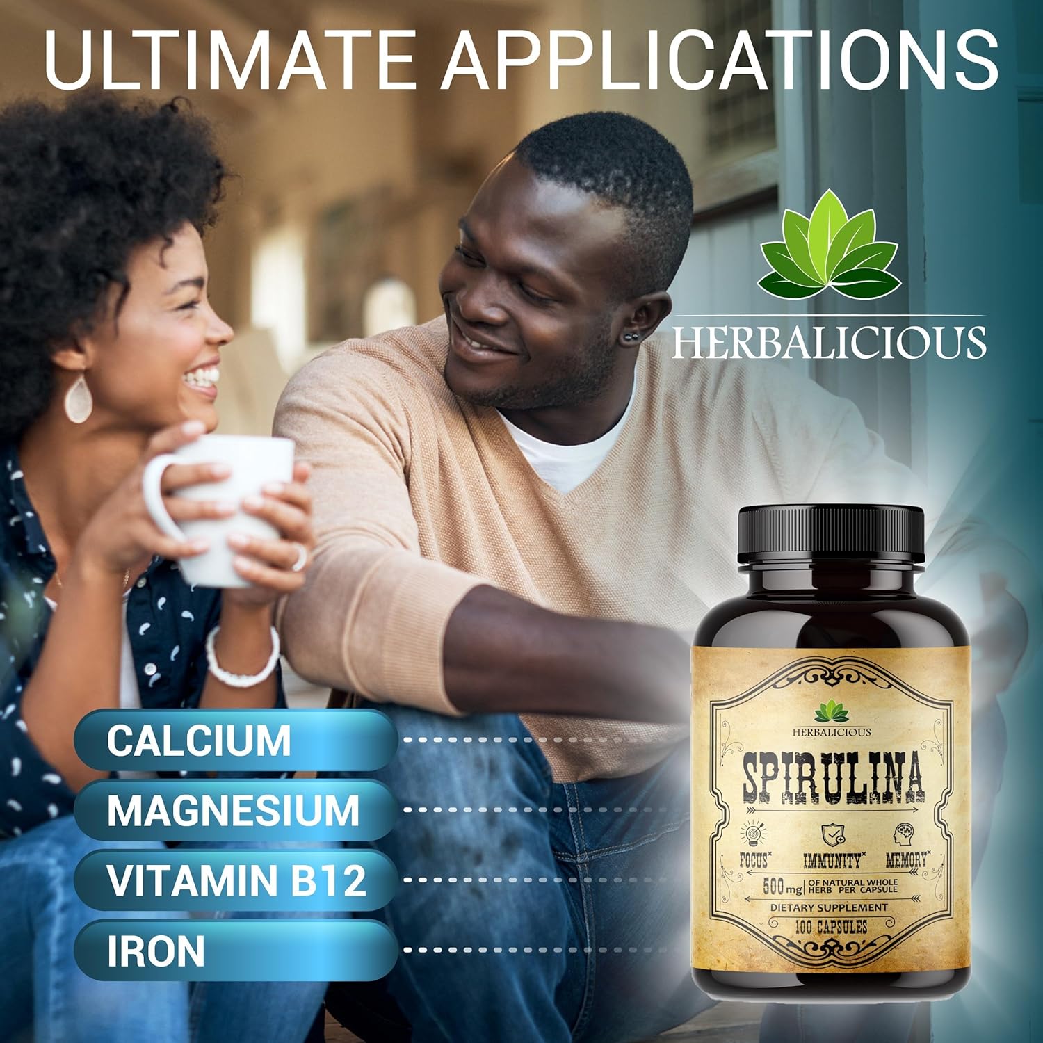 Spirulina Capsules: Natural Superfood Supplement with B Vitamins, Iron, and Antioxidants for Immune System Support and Body Cleanse - 100 pcs