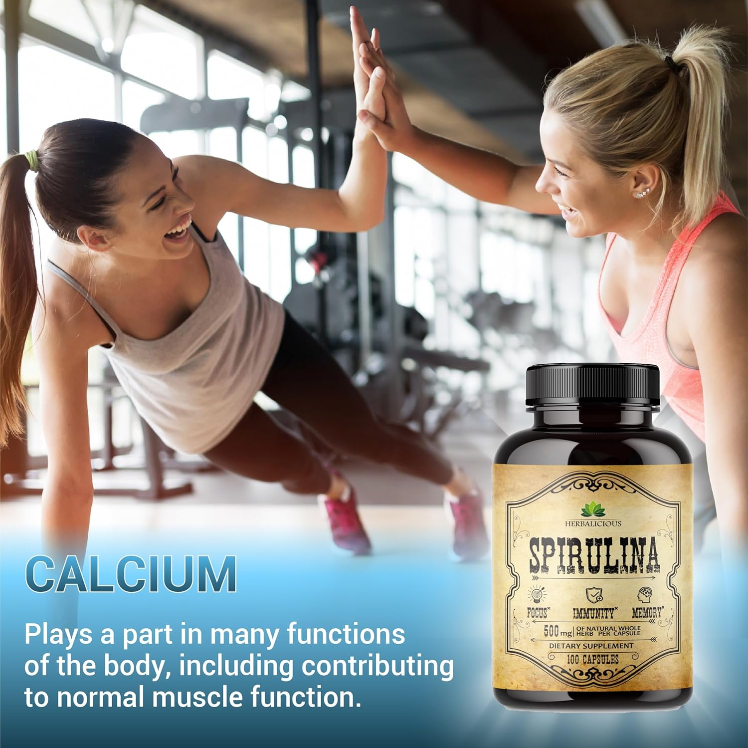 Spirulina Capsules: Natural Superfood Supplement with B Vitamins, Iron, and Antioxidants for Immune System Support and Body Cleanse - 100 pcs