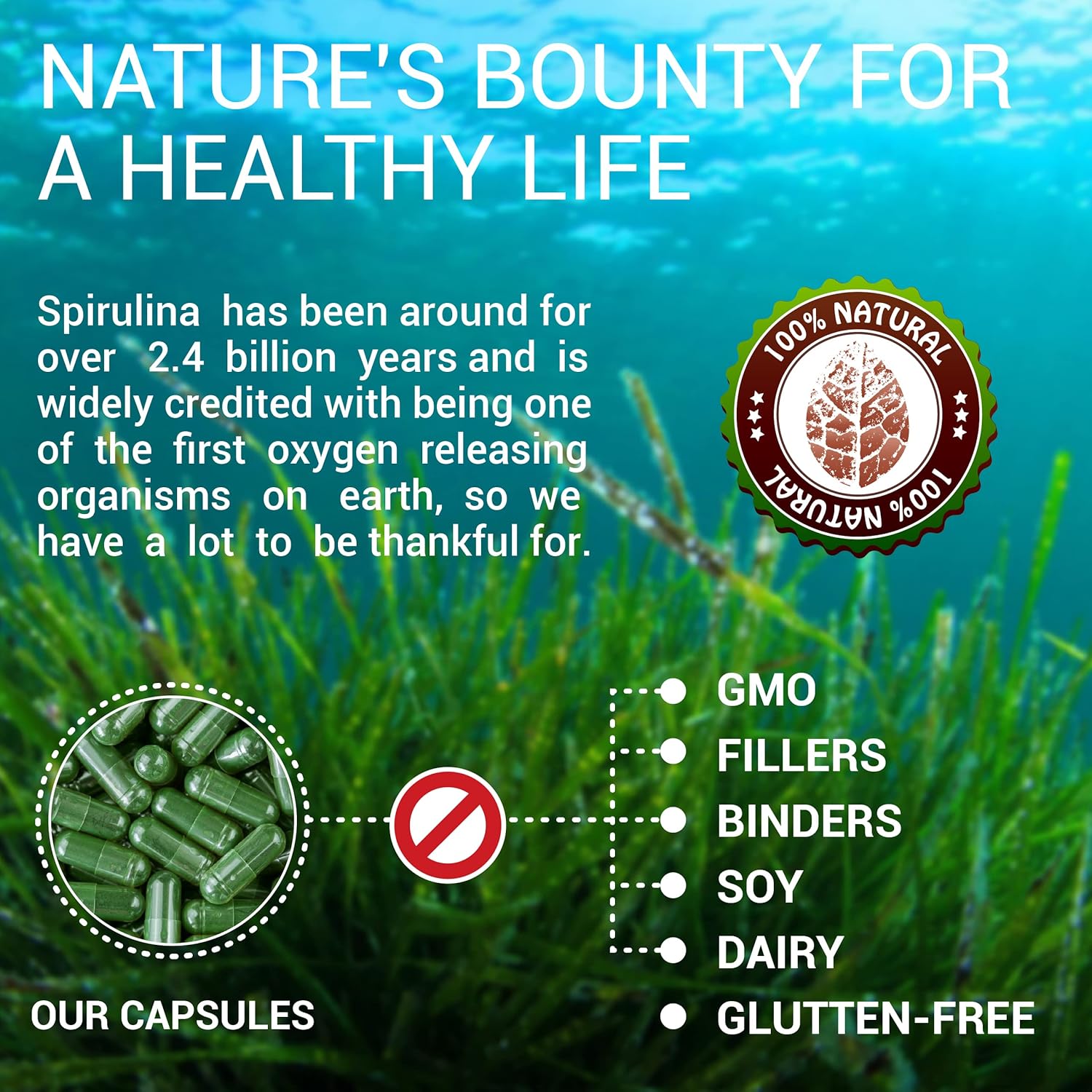 Spirulina Capsules: Natural Superfood Supplement with B Vitamins, Iron, and Antioxidants for Immune System Support and Body Cleanse - 100 pcs