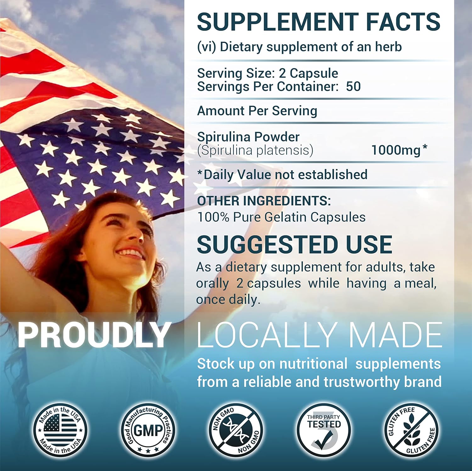 Spirulina Capsules: Natural Superfood Supplement with B Vitamins, Iron, and Antioxidants for Immune System Support and Body Cleanse - 100 pcs