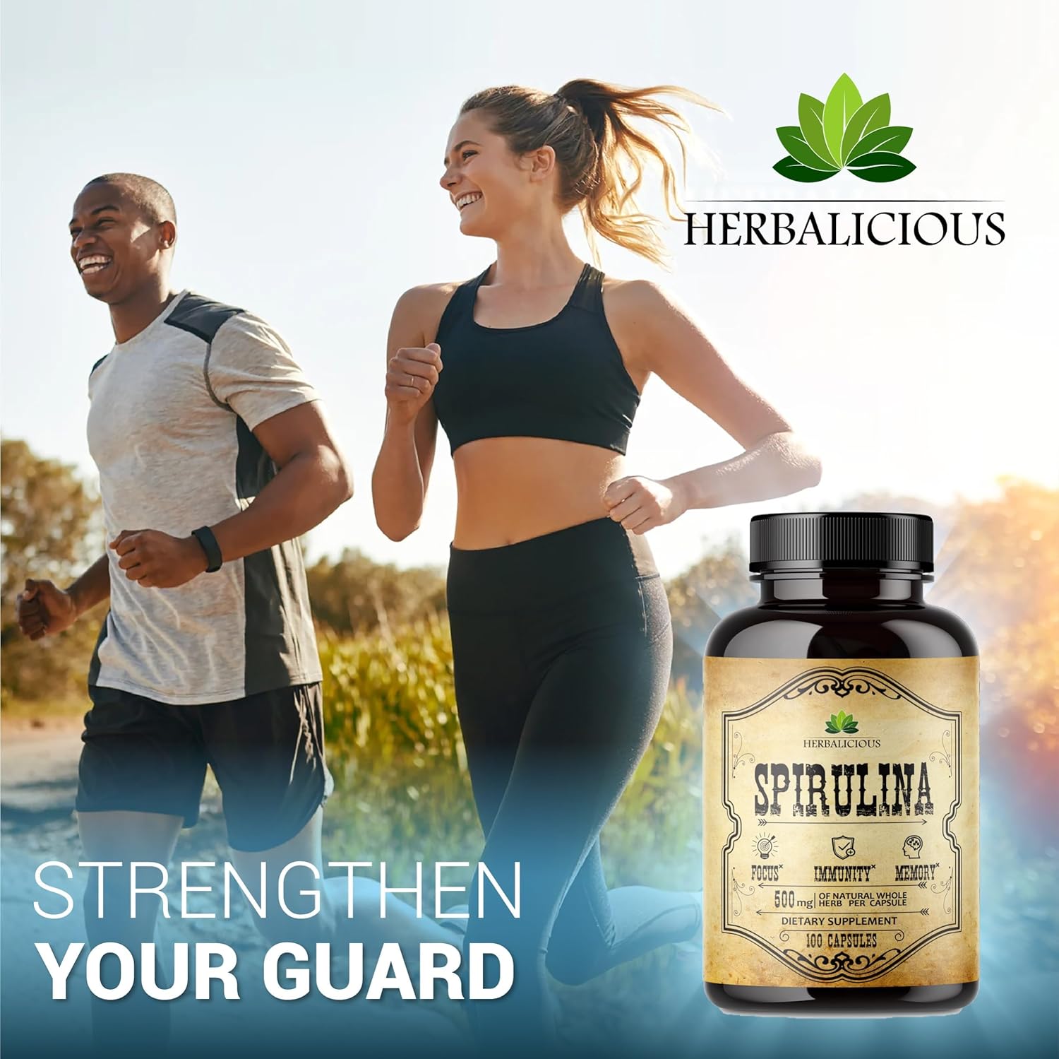 Spirulina Capsules: Natural Superfood Supplement with B Vitamins, Iron, and Antioxidants for Immune System Support and Body Cleanse - 100 pcs