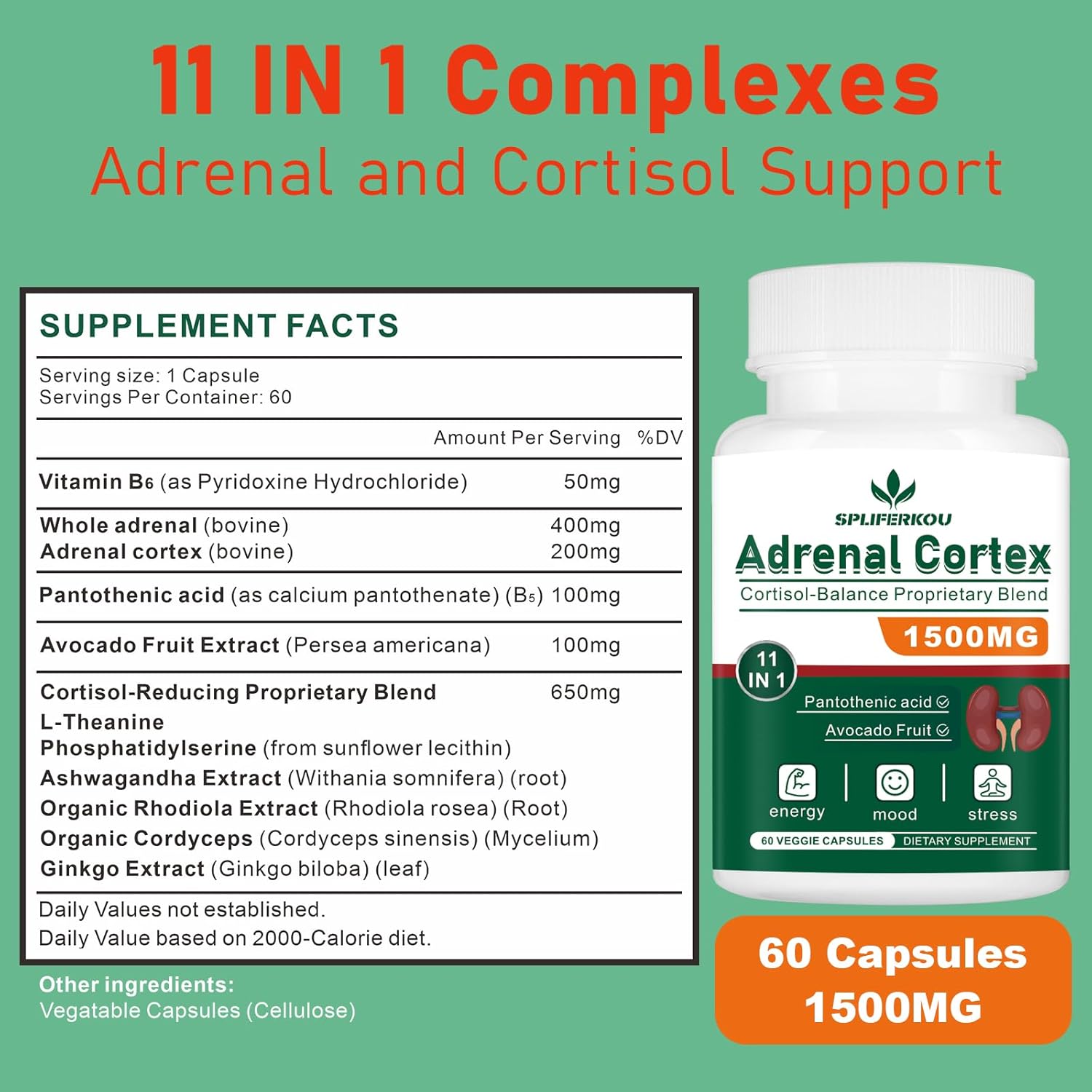 Spliferkou Adrenal Support Complex - 11-in-1 Supplement with Ashwagandha and Pantothenic Acid - Promotes Healthy Adrenal Function and Energy - 120 Capsules