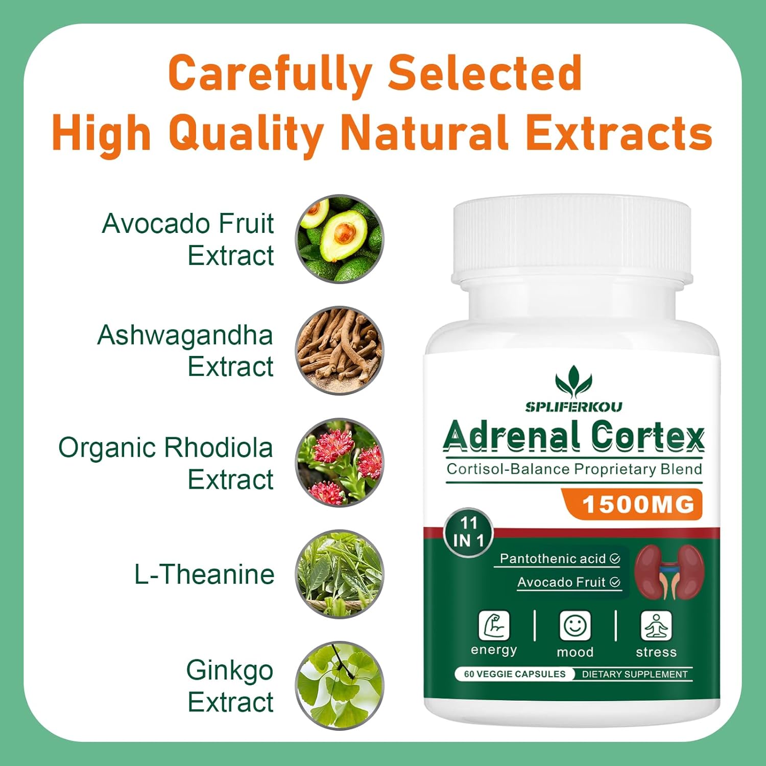 Spliferkou Adrenal Support Complex - 11-in-1 Supplement with Ashwagandha and Pantothenic Acid - Promotes Healthy Adrenal Function and Energy - 120 Capsules