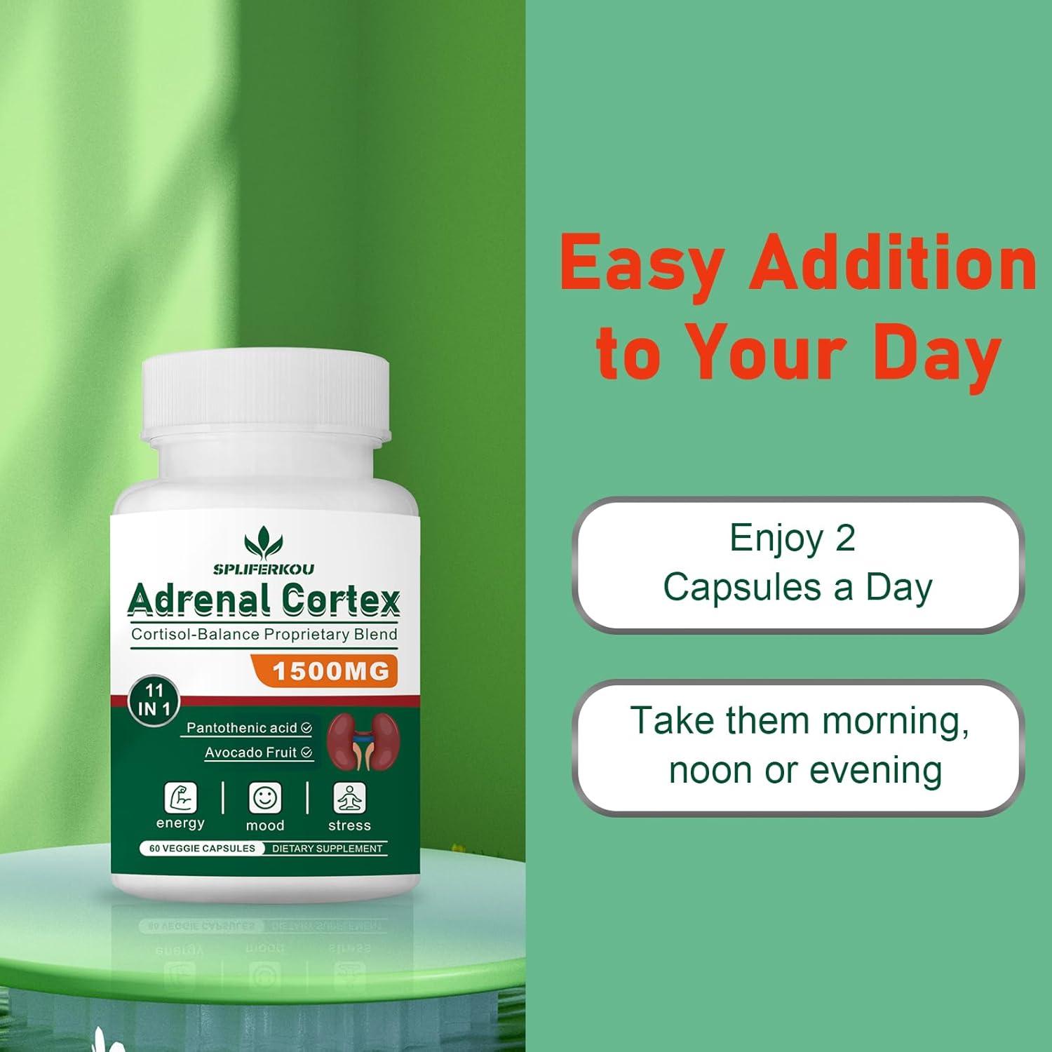 Spliferkou Adrenal Support Complex - 11-in-1 Supplement with Ashwagandha and Pantothenic Acid - Promotes Healthy Adrenal Function and Energy - 120 Capsules