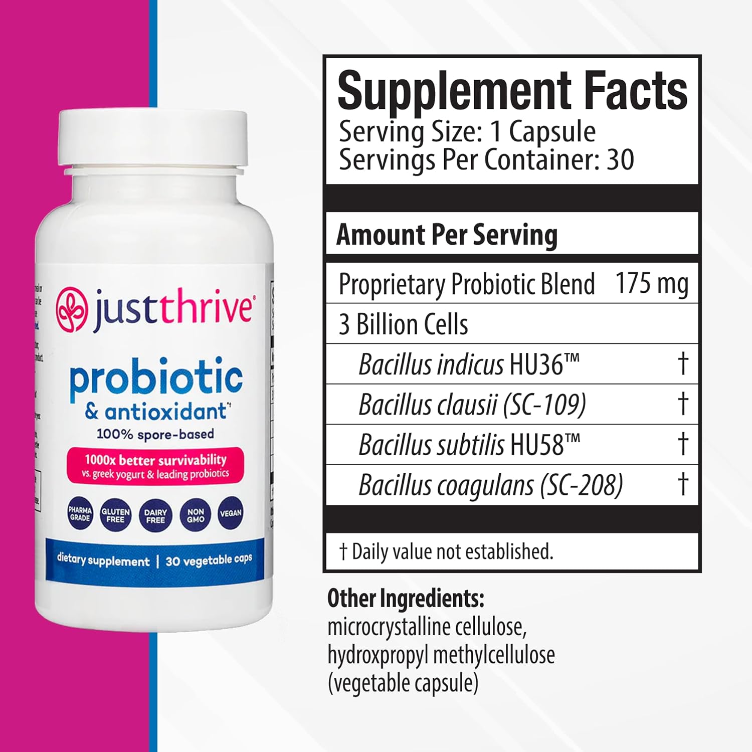 Spore-Based Probiotic & Antioxidant Supplement for Digestive & Immune Support - Gluten Free - 30 Capsules