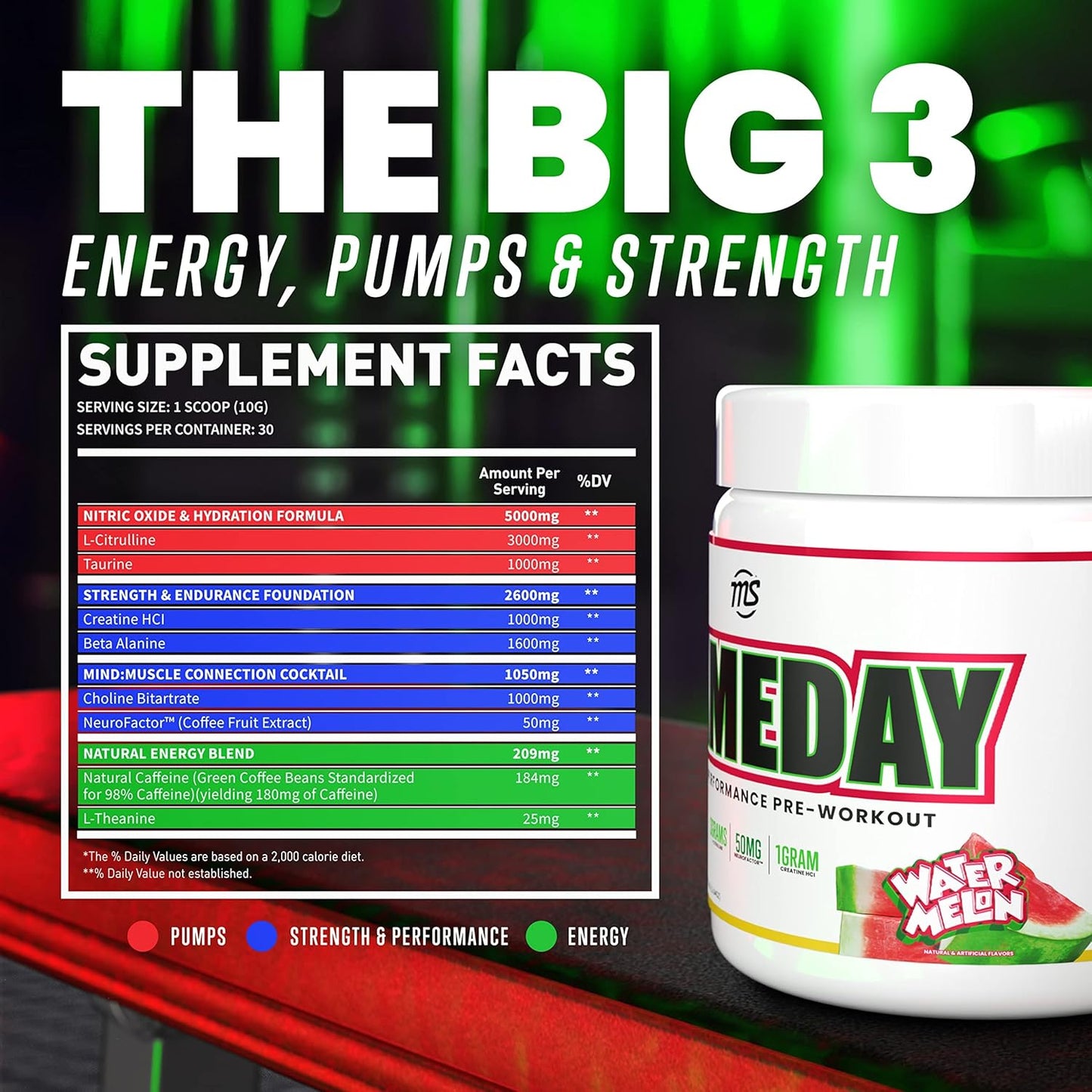 Sport Pre-Workout Energy Drink Mix - Watermelon Flavored with Natural Caffeine, 30 Days Supply, 330g
