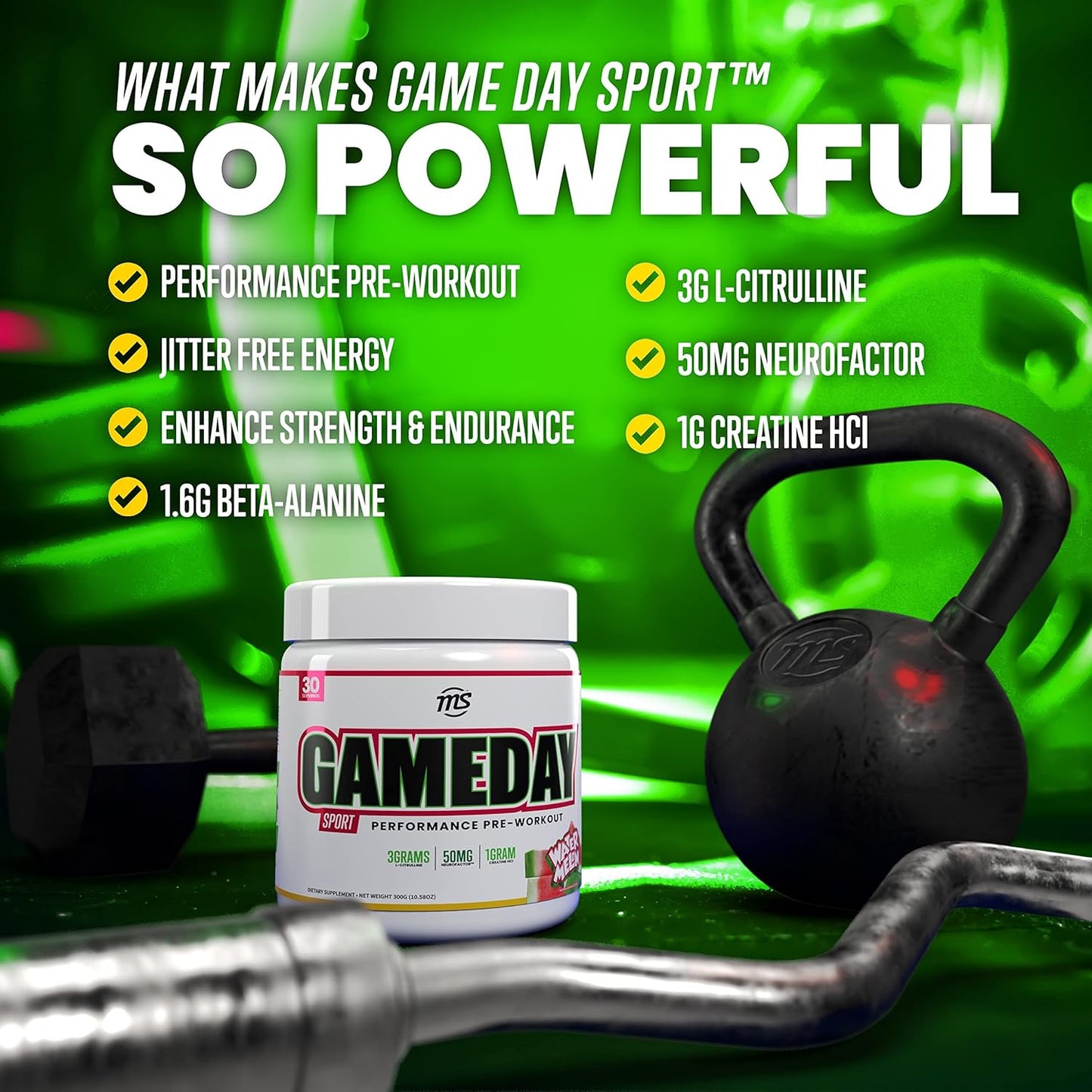 Sport Pre-Workout Energy Drink Mix - Watermelon Flavored with Natural Caffeine, 30 Days Supply, 330g