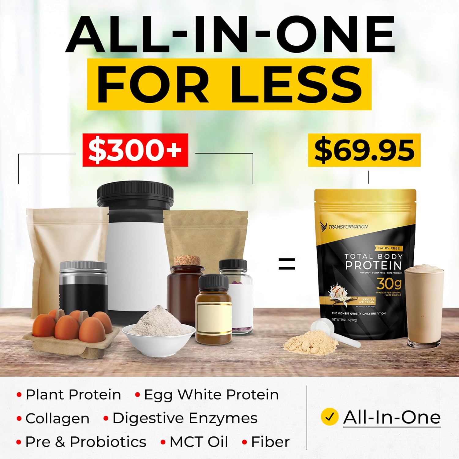 SPR Body Transformation Protein Super Blend with Probiotics, Digestive Enzymes, and MCT Oil - Vanilla Flavor for Men & Women