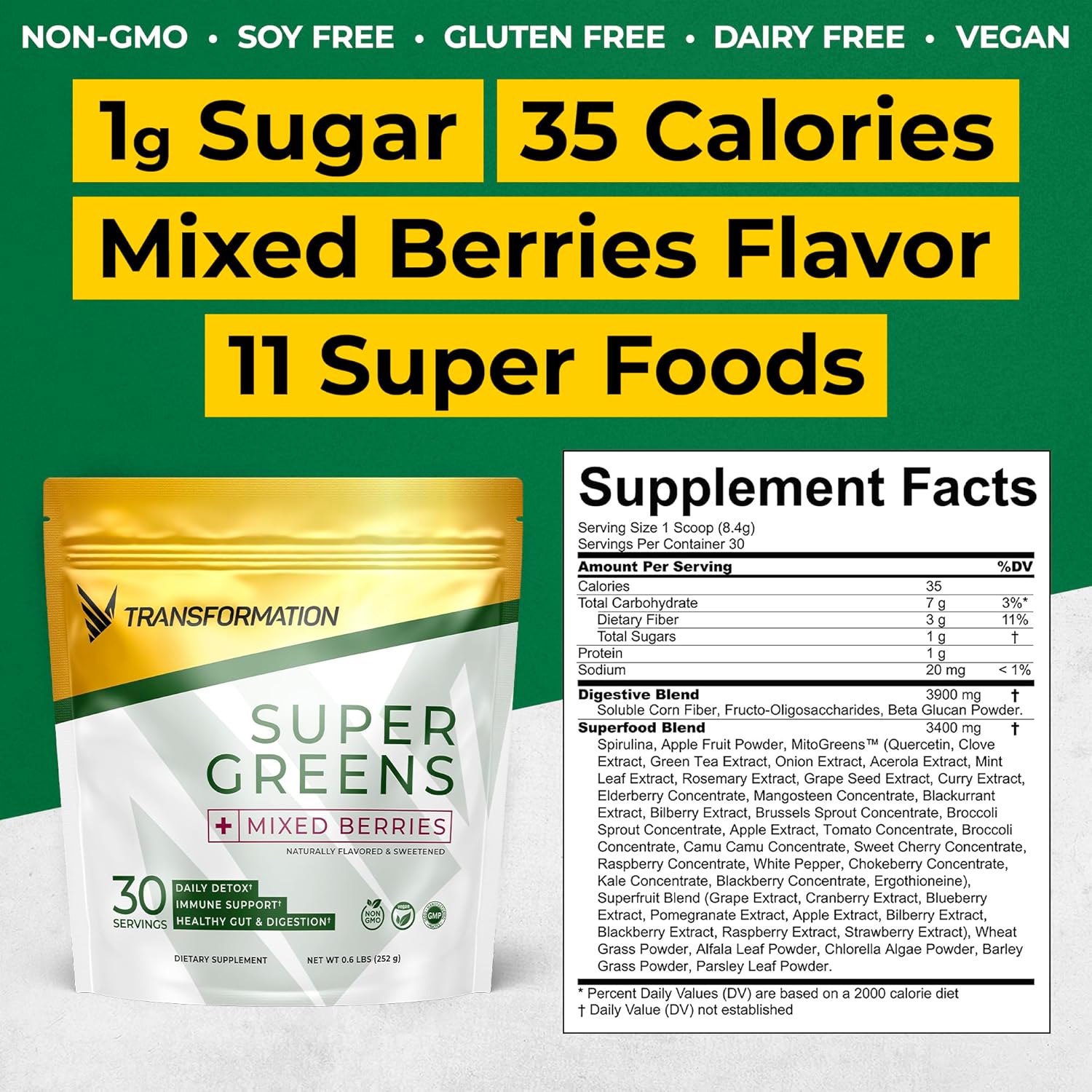 SPR Body Transformation Super Greens Superfood Powder - Immune & Energy Support with Natural Detoxifying Minerals
