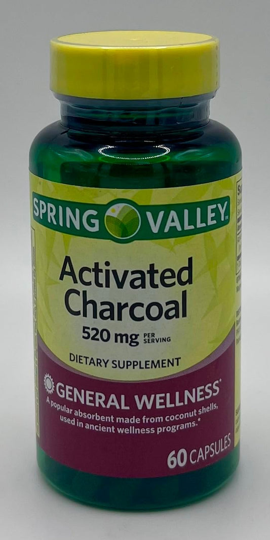 Spring Valley Activated Charcoal Capsules, 60 Count, 520mg, Detox and Cleanse Supplement