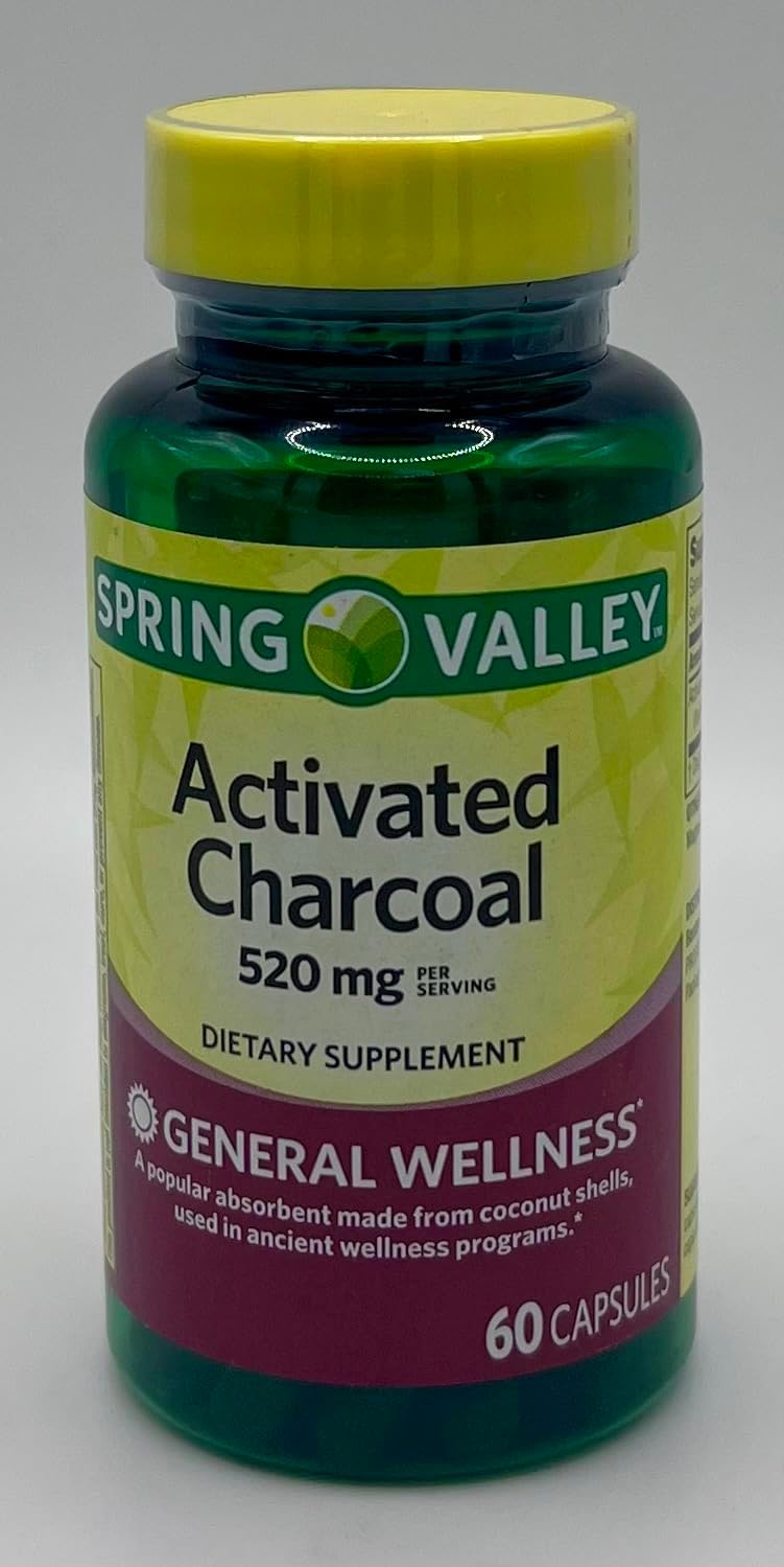 Spring Valley Activated Charcoal Capsules, 60 Count, 520mg, Detox and Cleanse Supplement