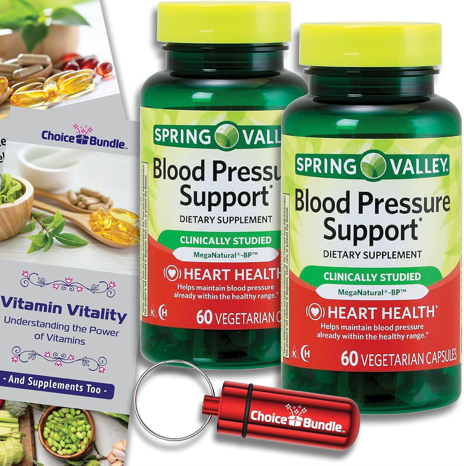 Spring Valley Blood Pressure Support Capsules 120 Count Bundle with Vitamin Guide & Pill Container - Vegetarian Formula for Heart Health and Wellness