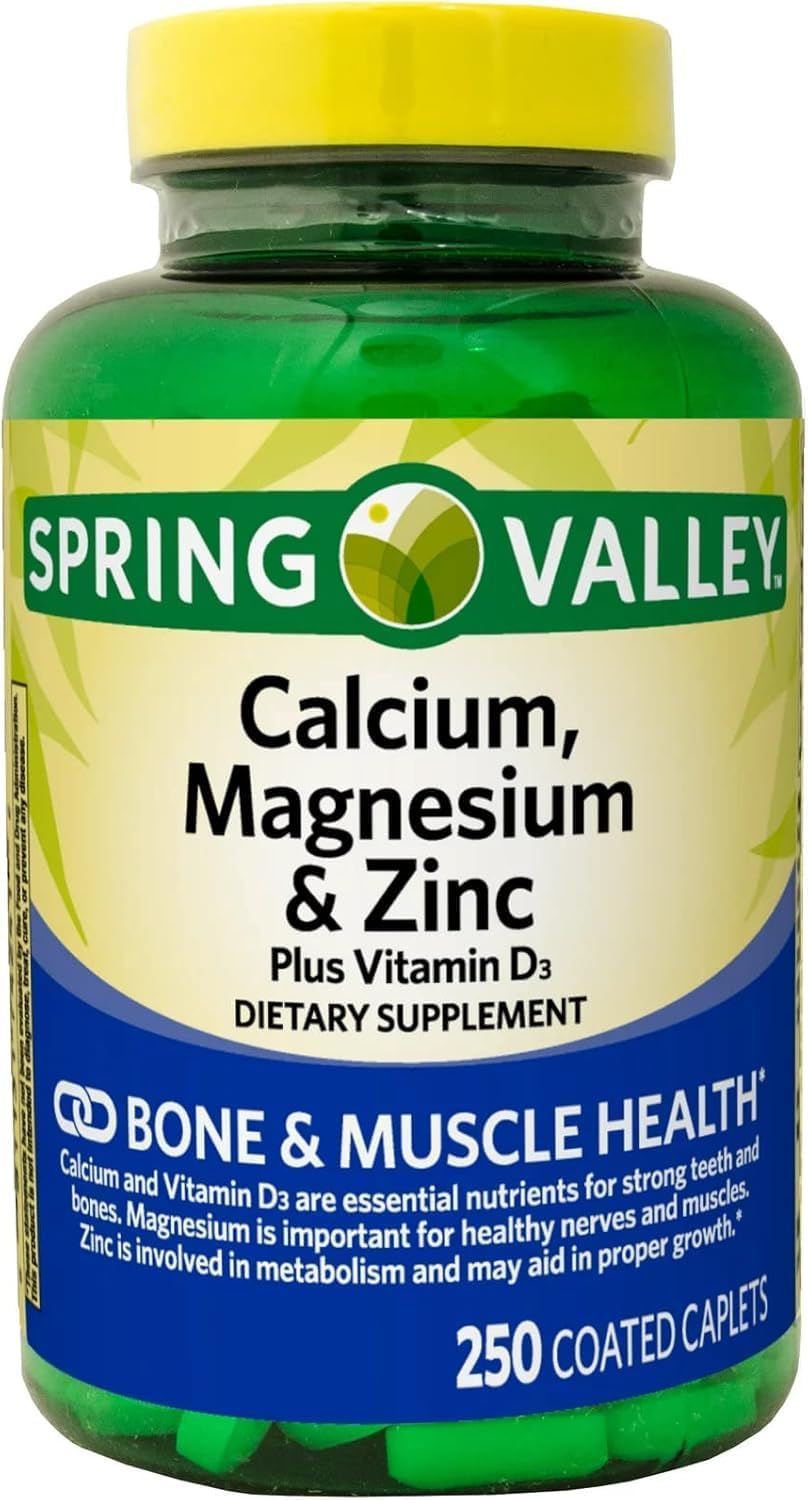 Spring Valley Calcium, Magnesium, Zinc & Vitamin D3 Caplets with Exclusive Vitamin Guide - 250 Count Dietary Supplement