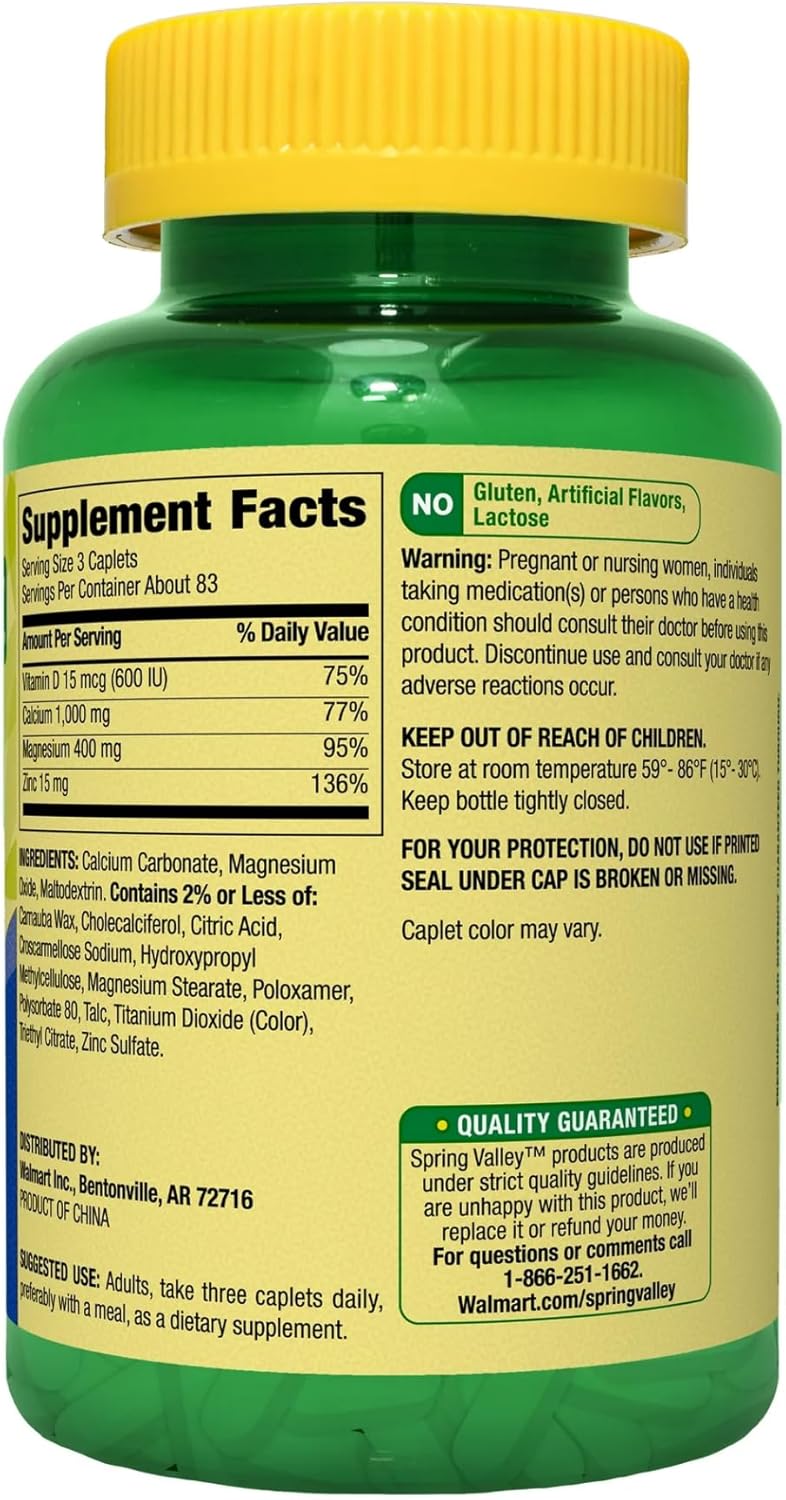 Spring Valley Calcium, Magnesium, Zinc & Vitamin D3 Caplets - 250 Count Pack