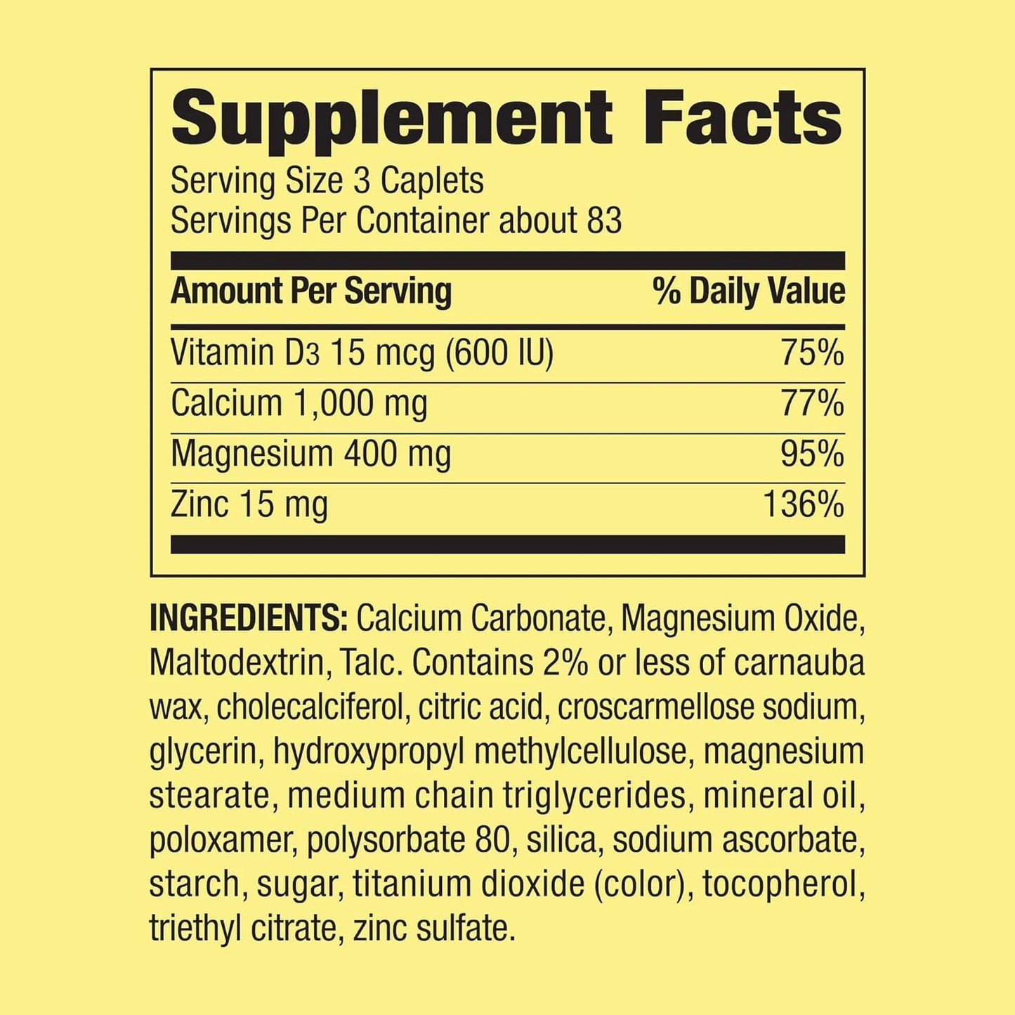 Spring Valley Calcium, Magnesium, Zinc & Vitamin D3 Caplets with Exclusive Vitamin Guide - 250 Count Dietary Supplement
