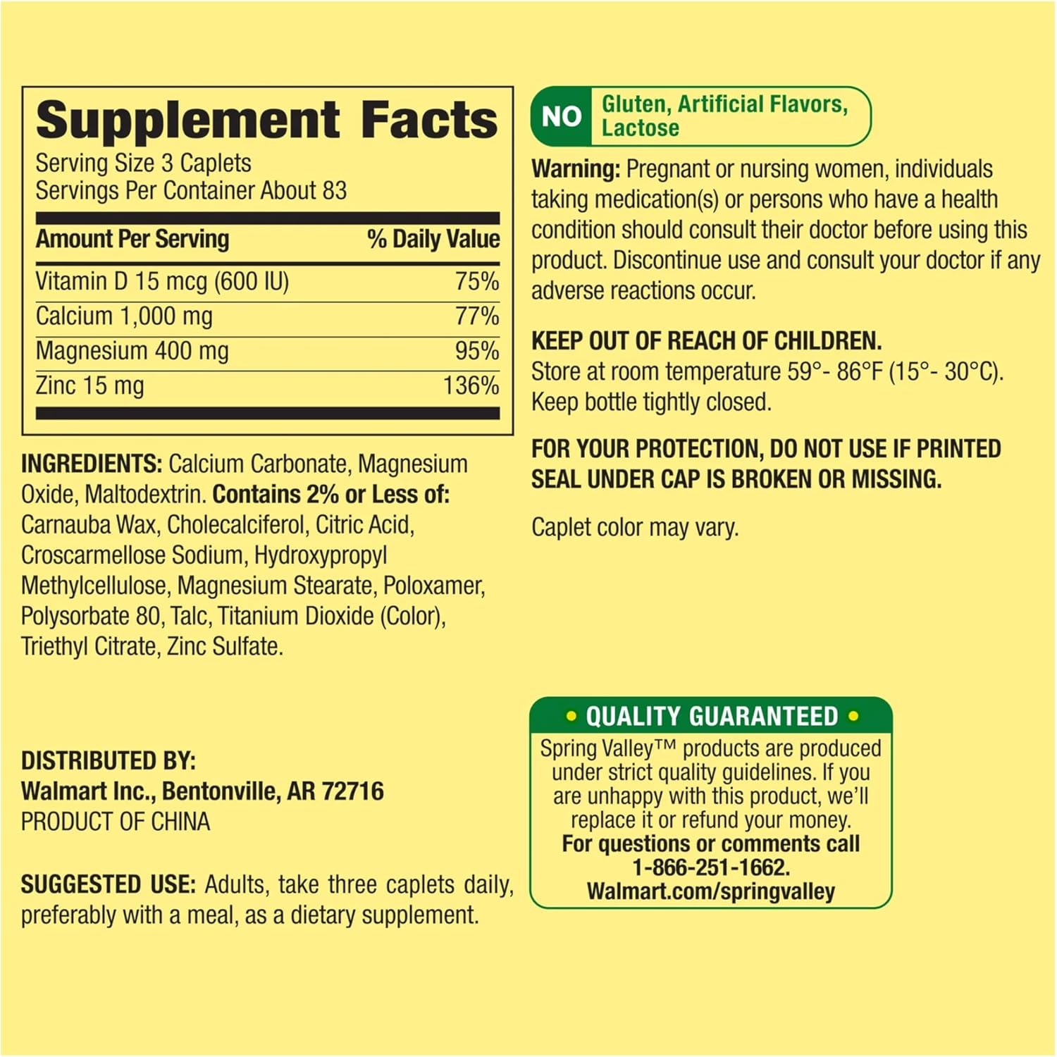 Spring Valley Calcium, Magnesium, Zinc & Vitamin D3 Caplets - 250 Count Pack