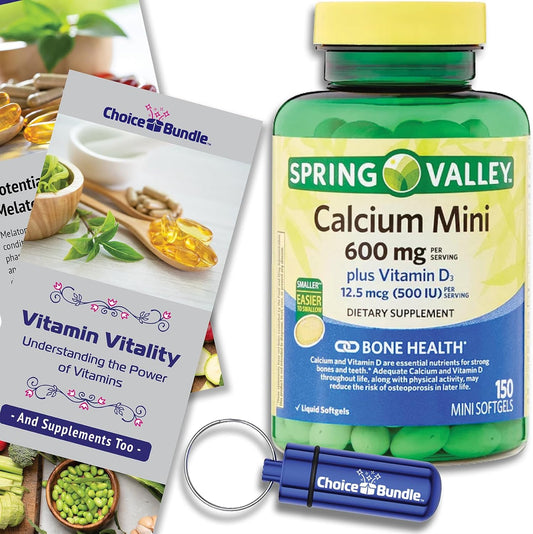 Spring Valley Calcium Plus Vitamin D3 Bundle: 150 Ct Mini Softgels with Vitamin Vitality Guide & Pill Container - 3 Items