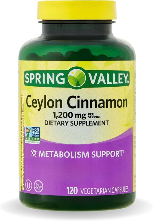 Spring Valley Ceylon Cinnamon Capsules 1200 mg - Metabolism Support - 120 Count - Non-GMO & Gluten Free - Pack of 1