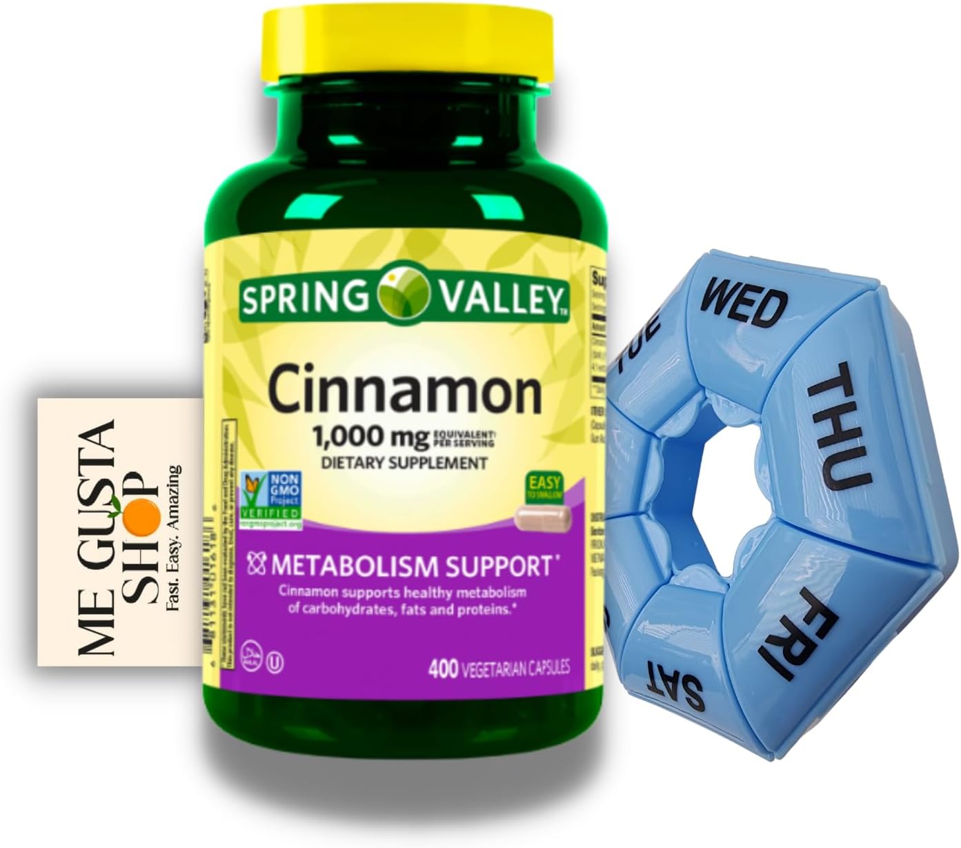 Spring Valley Cinnamon 1000 mg Dietary Supplement - 400 Count Capsules Bundle with Pill Organizer by ME GUSTA SHOP