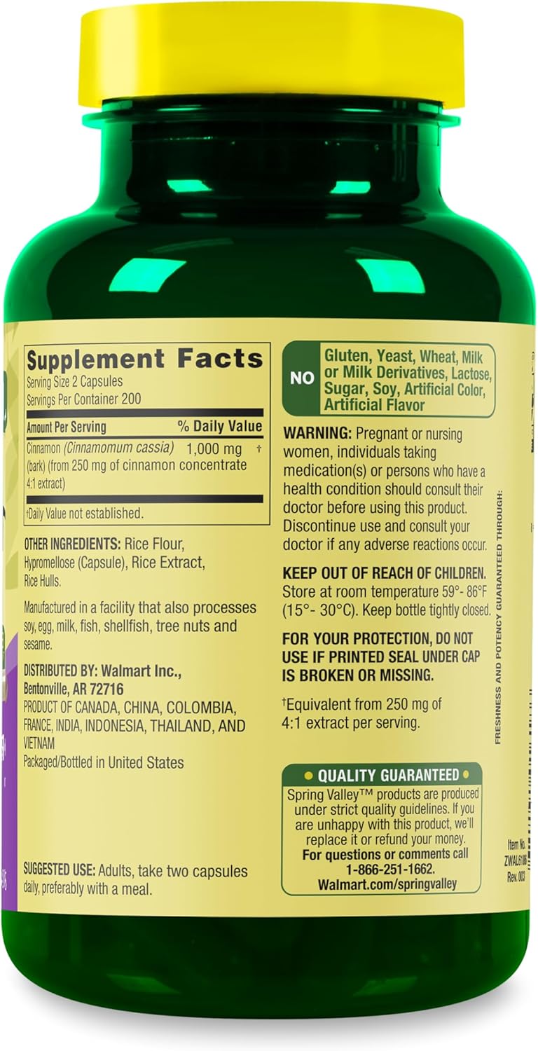 Spring Valley Cinnamon Capsules, 1000 mg, 400 Count - Dietary Supplement for Cinnamon Benefits