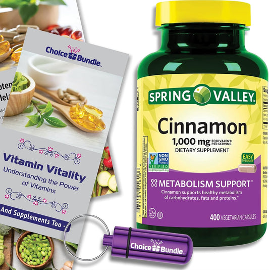 Spring Valley Cinnamon Dietary Supplement 1000mg 400 ct Vegetarian Capsules Bundle with "Vitamin Vitality" Guide & Pill Container (3 Items)