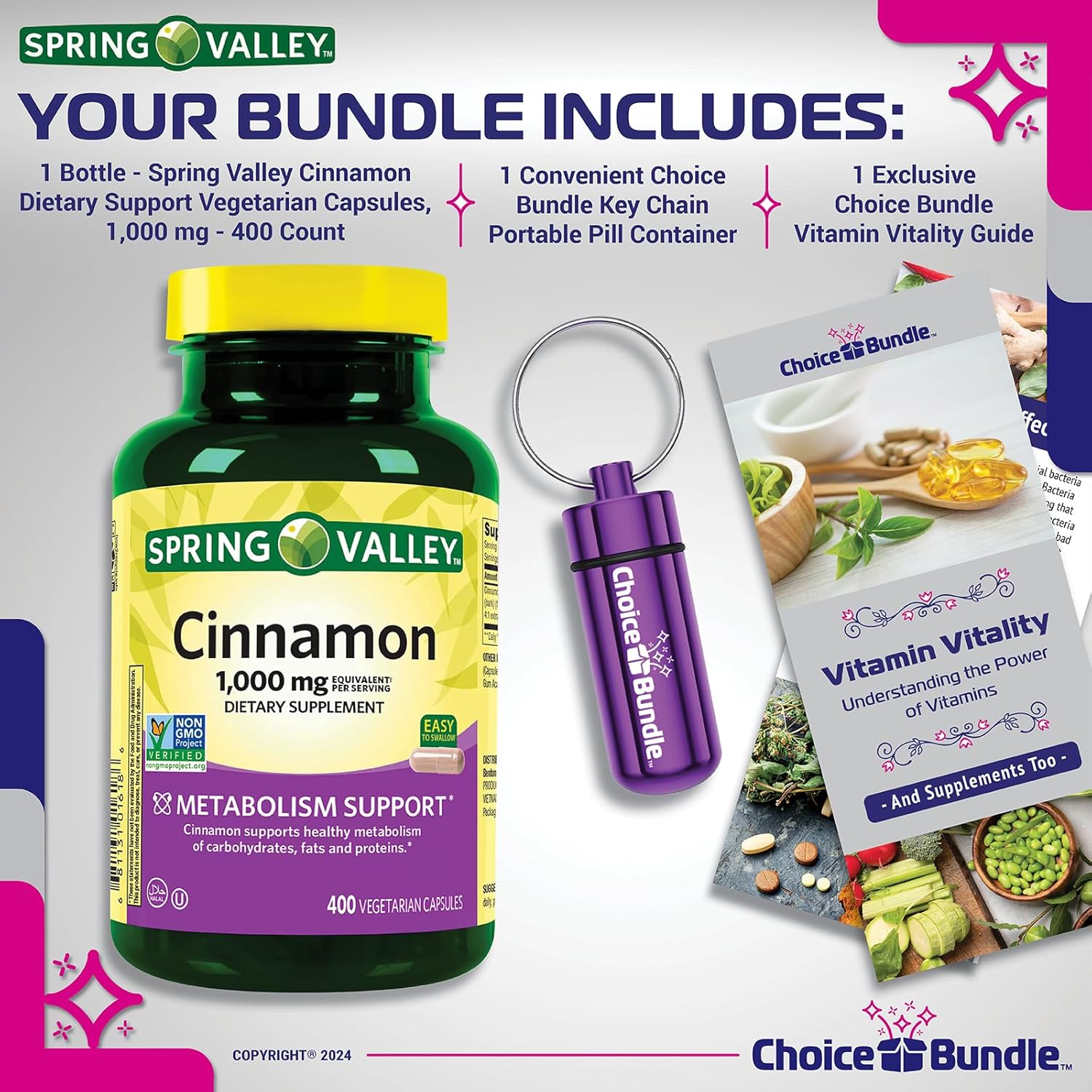 Spring Valley Cinnamon Dietary Supplement 1000mg 400 ct Vegetarian Capsules Bundle with "Vitamin Vitality" Guide & Pill Container (3 Items)