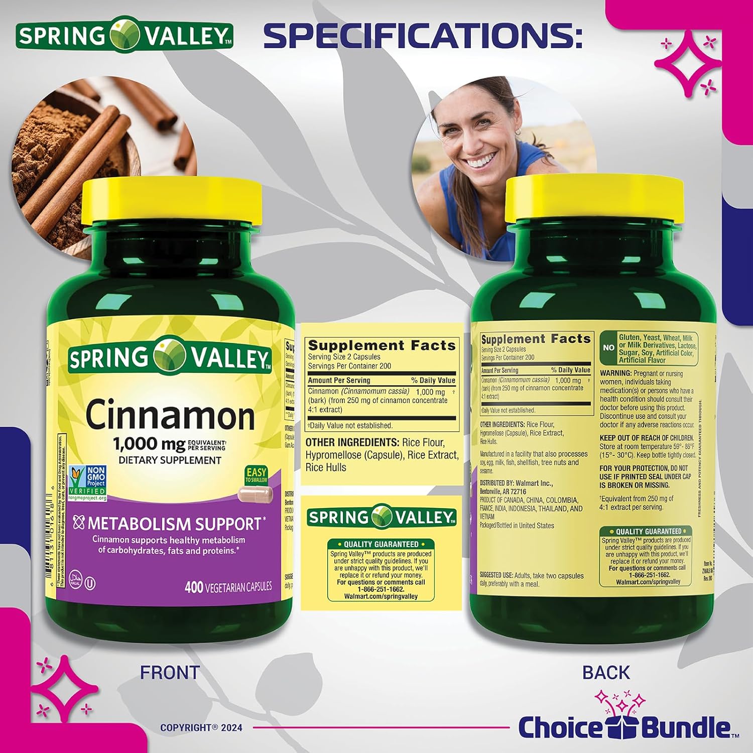 Spring Valley Cinnamon Dietary Supplement 1000mg 400 ct Vegetarian Capsules Bundle with "Vitamin Vitality" Guide & Pill Container (3 Items)