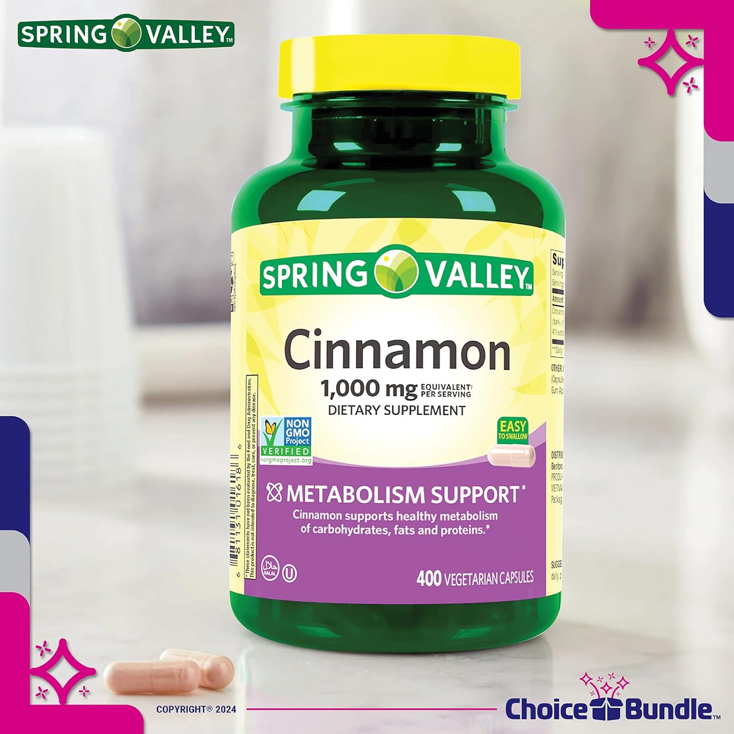 Spring Valley Cinnamon Dietary Supplement 1000mg 400 ct Vegetarian Capsules Bundle with "Vitamin Vitality" Guide & Pill Container (3 Items)