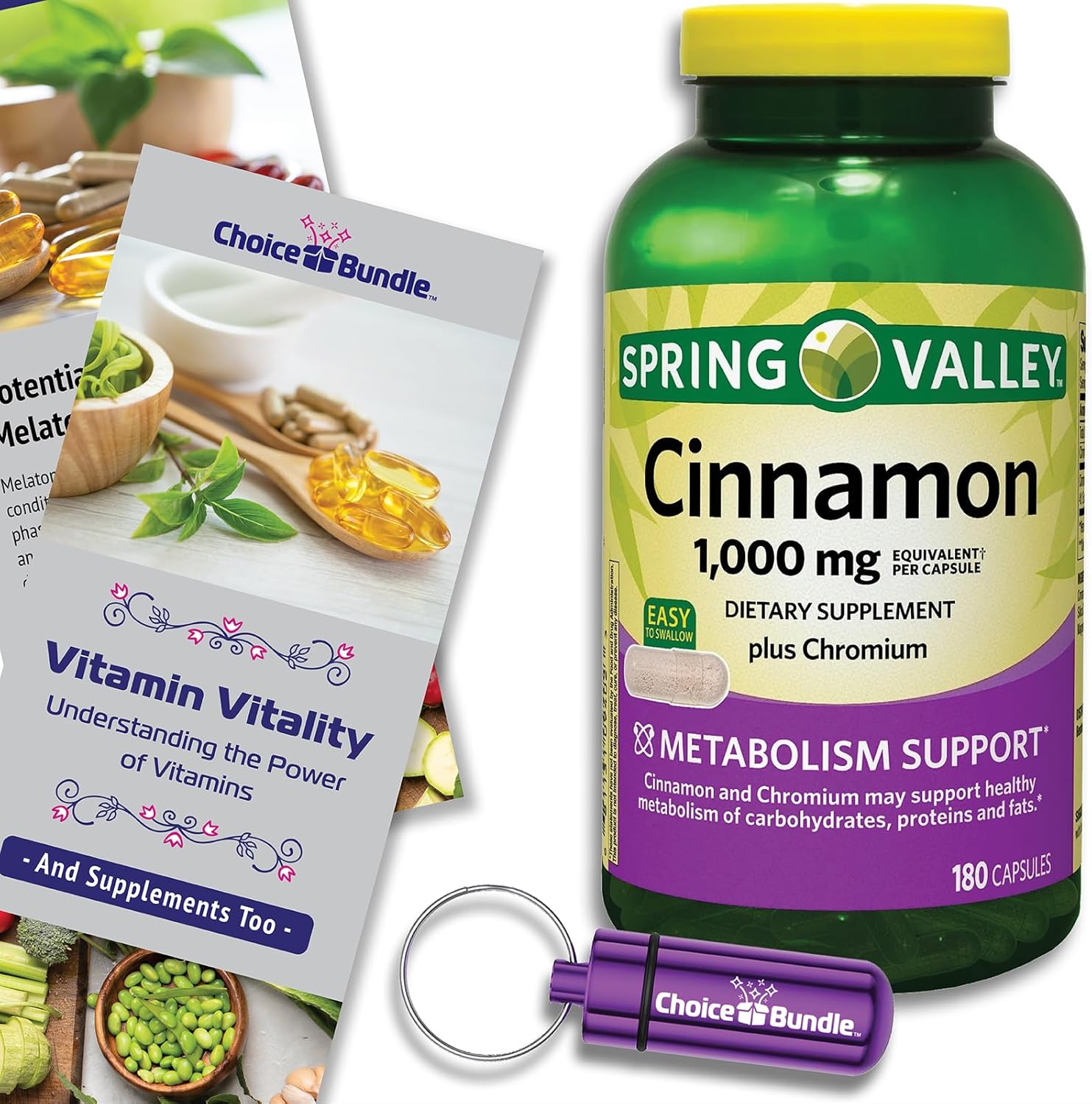Spring Valley Cinnamon Plus Chromium Capsules 1000mg 180 Count Bundle with Vitamin Vitality Guide and Pill Container - 3 Items