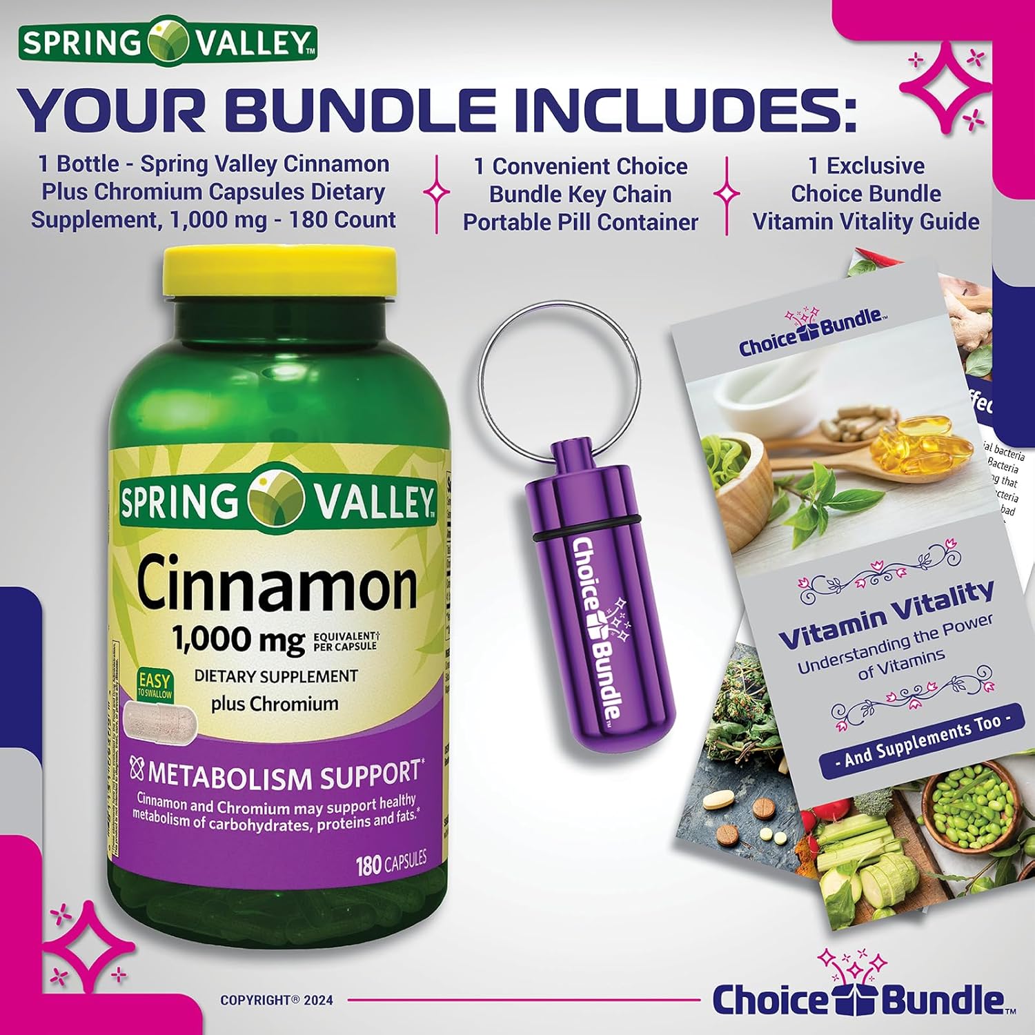 Spring Valley Cinnamon Plus Chromium Capsules 1000mg 180 Count Bundle with Vitamin Vitality Guide and Pill Container - 3 Items