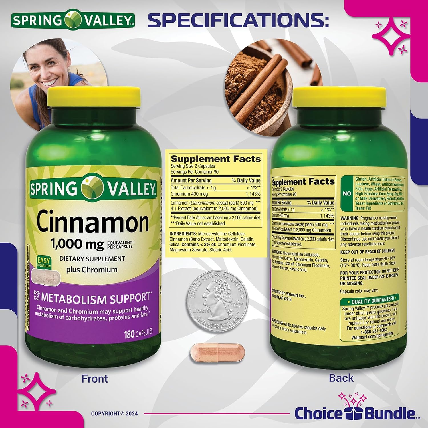 Spring Valley Cinnamon Plus Chromium Capsules 1000mg 180 Count Bundle with Vitamin Vitality Guide and Pill Container - 3 Items