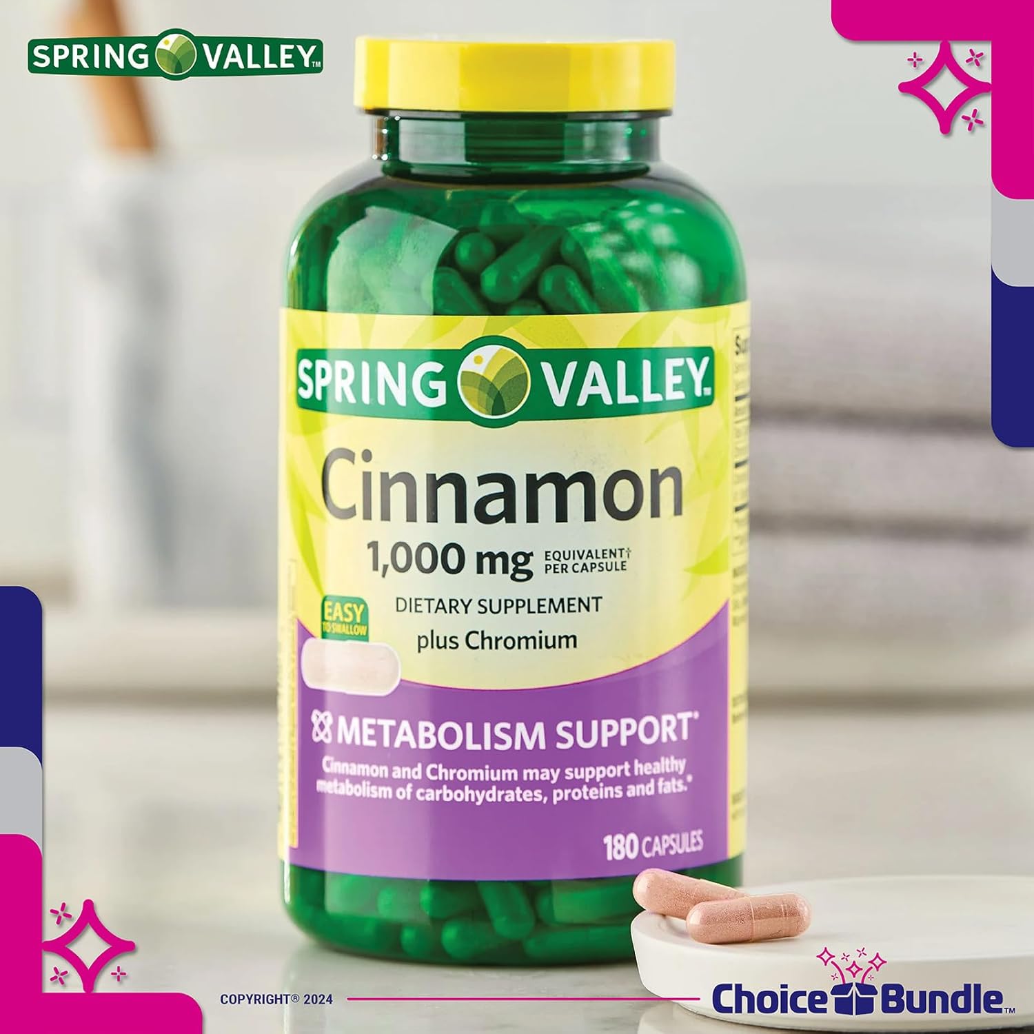 Spring Valley Cinnamon Plus Chromium Capsules 1000mg 180 Count Bundle with Vitamin Vitality Guide and Pill Container - 3 Items