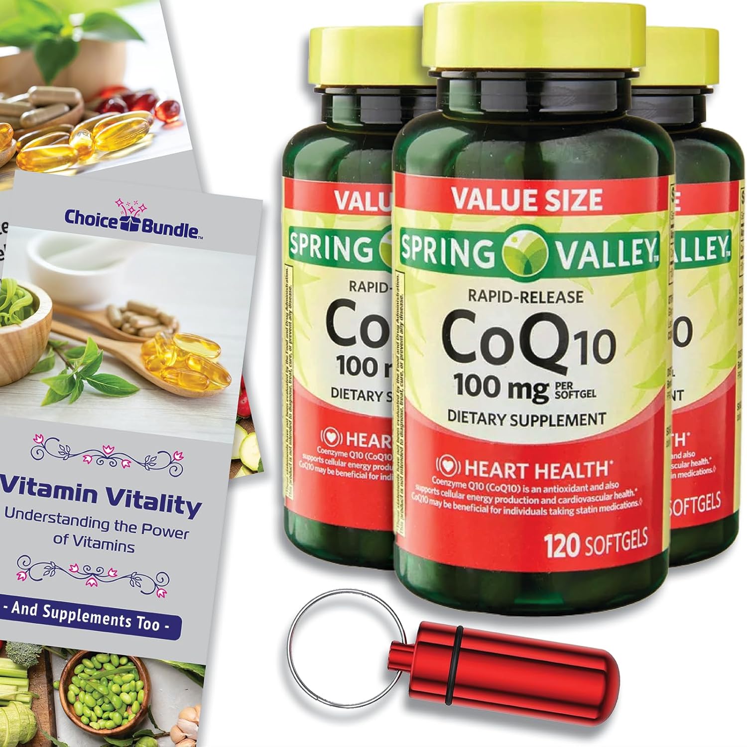 Spring Valley CoQ10 Softgels 100mg 120ct x3 Bundle with Vitamin Vitality Guide & Pill Container - 360 Total Items